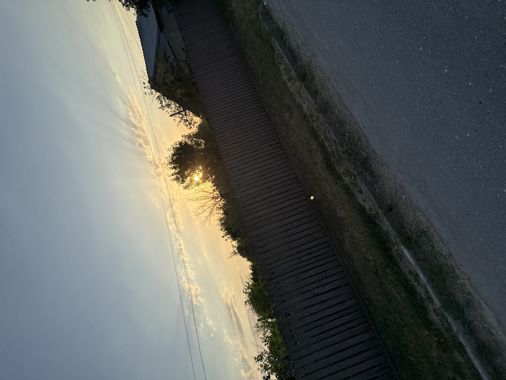 This is a vertically oriented, outdoor, daytime photograph captured in Cahul, Moldova. The scene depicts a rural or suburban setting with elements of nature and man-made structures.
The dominant subject is the sky, illuminated by the setting sun which is partially obscured by trees. The sun's rays fan out across the sky, creating crepuscular rays. Wispy clouds are visible, catching the warm, golden light of the sunset. In the foreground, there is a dark, wooden pathway or boardwalk, running diagonally across the image. To the left of the boardwalk, there are trees and vegetation. To the right of the boardwalk, there is a strip of dry grass and then a paved surface, likely a road or path. A faint white line is visible on the grassy strip. The overall mood is serene, likely captured during the "golden hour" of sunset. The image appears to be free of any people. There is no visible text in the image.