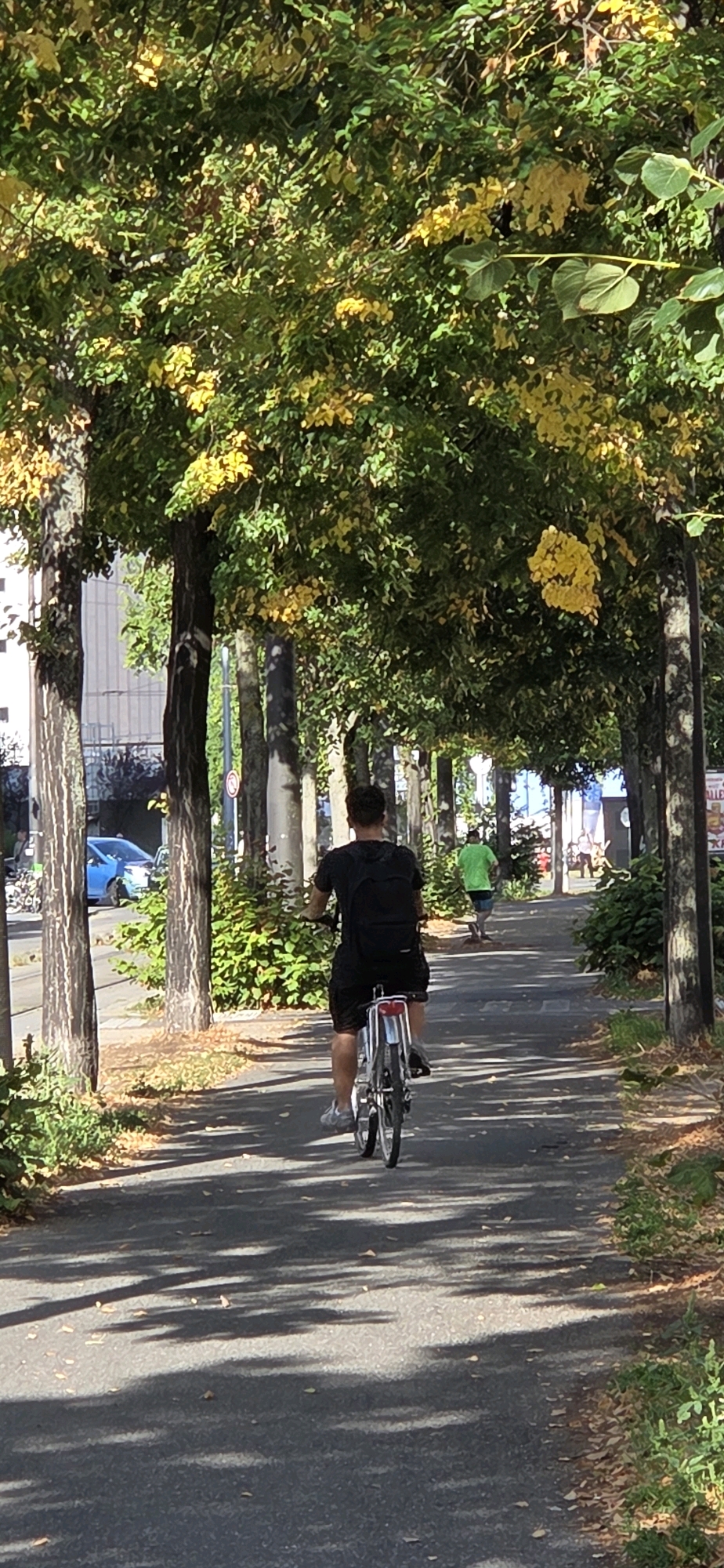 A person is riding a bicycle on a paved path lined with trees. The cyclist is wearing a black t-shirt and black shorts and has a black backpack. In the background, another person is running. The trees have green leaves with some yellow foliage, suggesting it is late summer or early autumn. The path is shaded by the trees, creating dappled light and shadow patterns on the ground. The scene appears to be an urban park or a tree-lined street in Strasbourg, France. There is a blue car visible on the left side of the image, on a street running parallel to the path.