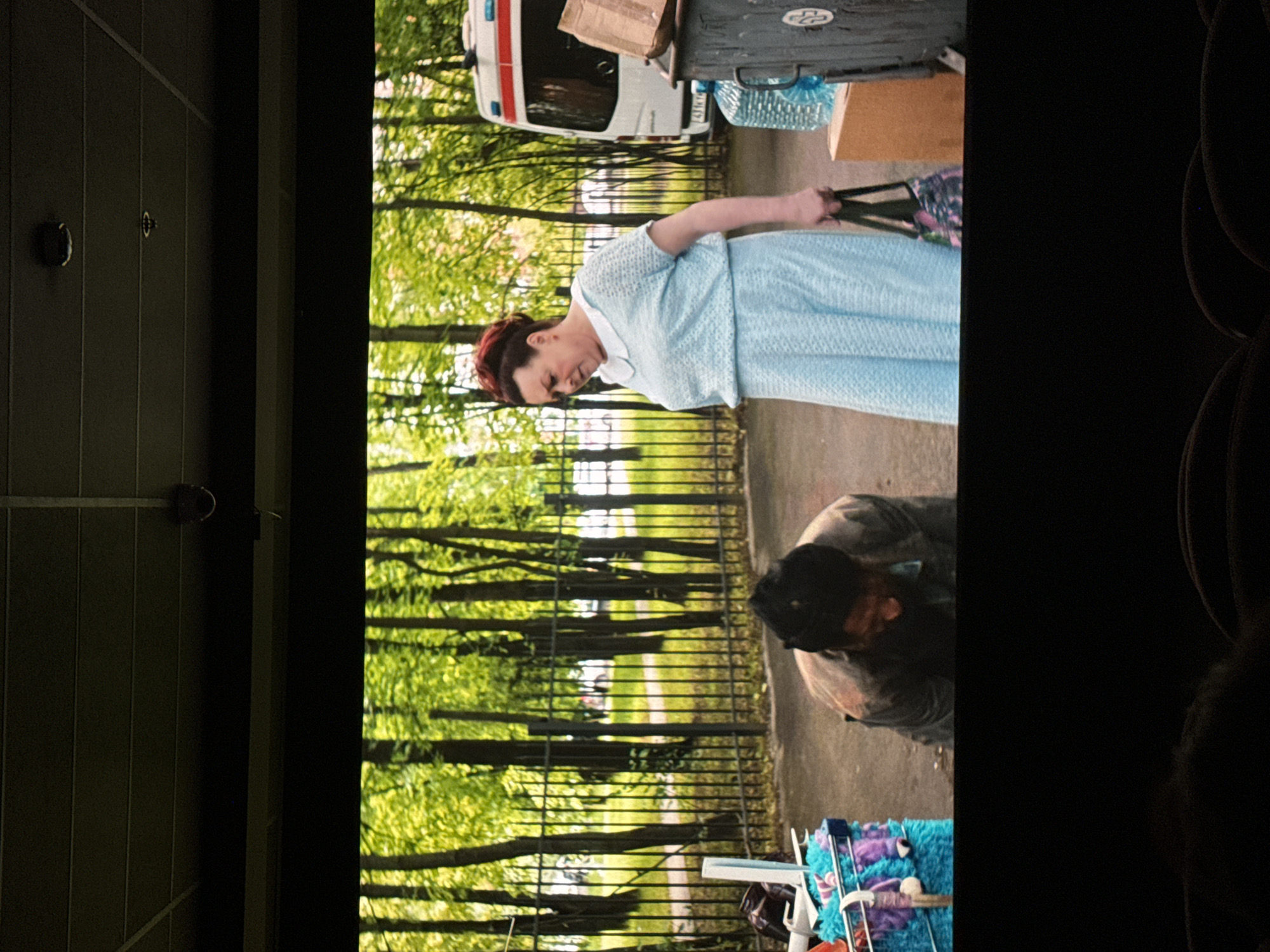 The image displays a scene projected onto a screen, viewed from a cinema setting with dark seating visible in the foreground. The scene is set in an outdoor urban environment, specifically in Lesnoi Gorodok, Russia.
An adult woman, with red hair styled upwards, is prominent on the right. She wears a light blue, short-sleeved dress with a white collar and holds a floral-patterned bag in her right hand, looking downwards and to her left with a discernible expression of concern. To her left, an adult male, wearing a dark jacket and a dark beanie, is crouched low to the ground, with his face obscured as he also looks downwards.
To the left of the crouching man, a shopping cart is visible, containing various items including prominent bright blue and purple fluffy objects. To the right of the woman, a dark grey dumpster, marked with an indistinct symbol, has a cardboard box placed on its top. Two large, clear plastic water bottles with blue caps stand next to the dumpster. The background features a black metal fence, beyond which is a dense area of trees with vibrant green foliage. A white ambulance van, characterized by red and blue striped markings, is partially visible behind the trees and fence.
