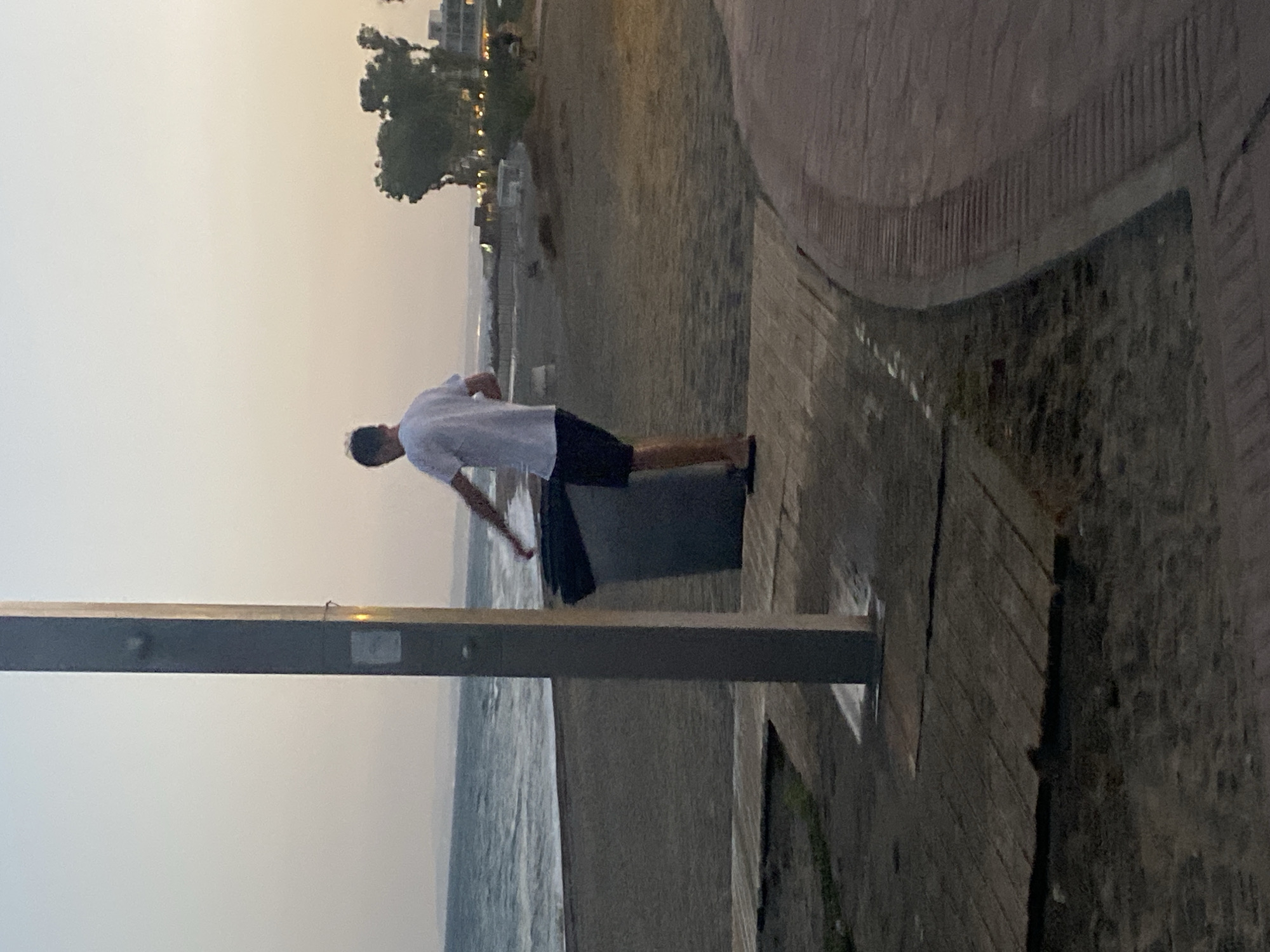 A lone individual, appearing to be male, stands on a wooden boardwalk beside a grey pole. The person is wearing a white t-shirt and dark shorts. Their left arm is extended towards a black trash receptacle situated next to the pole, suggesting they are in the process of disposing of an item. The setting is a beach, with the ocean and shoreline visible in the background under a pale sky. Further back, trees and buildings are illuminated, indicating an urban or resort area. The overall scene is one of a casual, everyday activity occurring in a coastal environment. The location is identified as Estepona, Spain.
