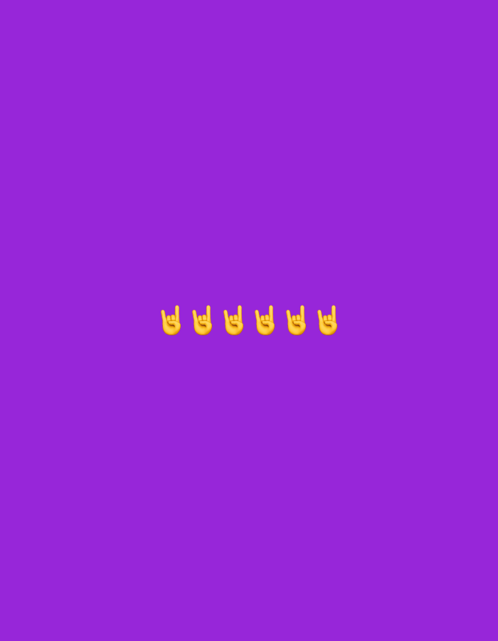 The image is a digital graphic with a solid purple background. Centered horizontally across the bottom portion of the image are six identical yellow emojis of hands making the "rock on" gesture. The background has no discernible features relating to the city of Gorzow, Poland.