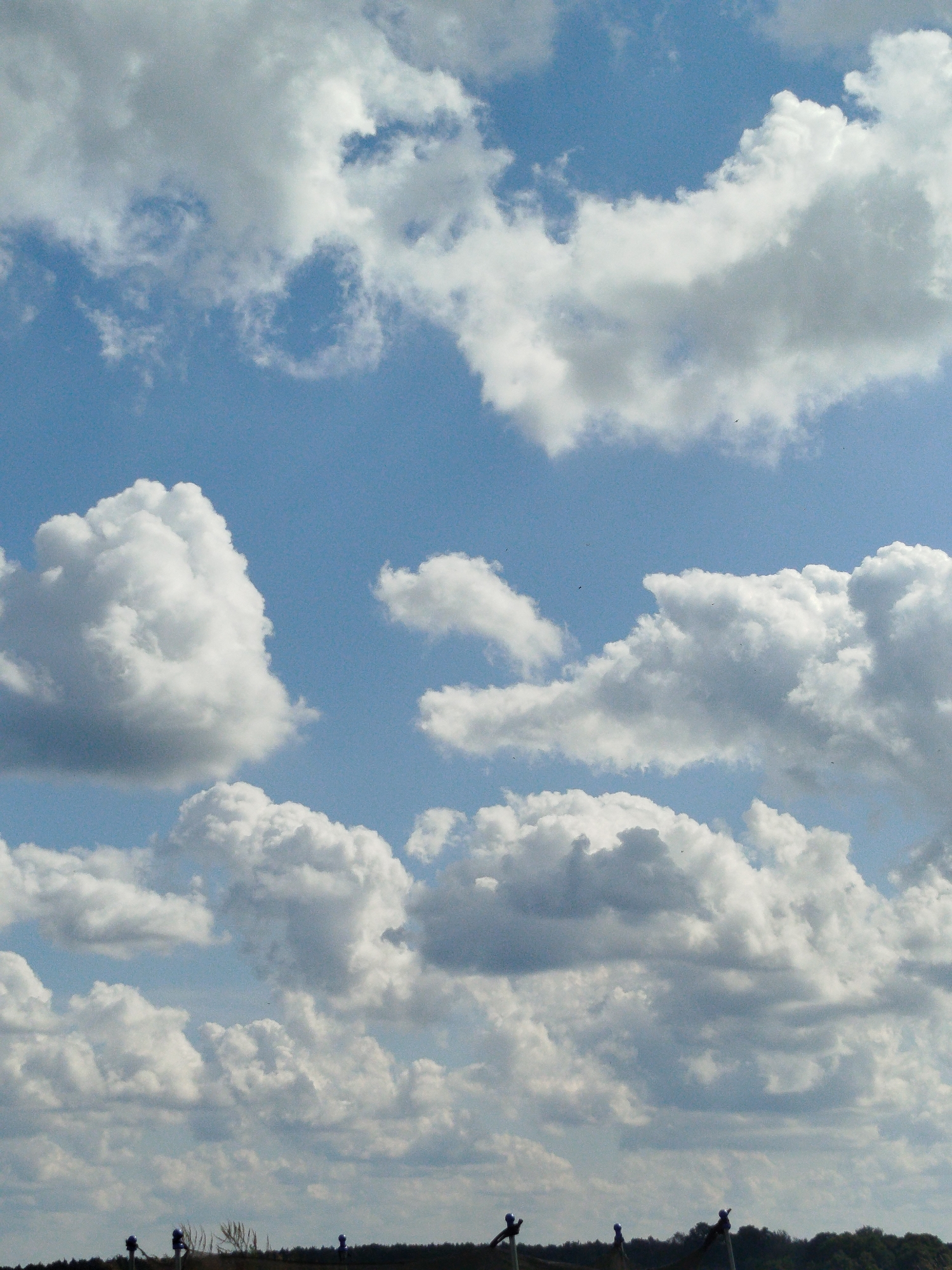 A medium-shot, vertical photograph captures a bright blue sky filled with voluminous white and grey clouds. The clouds are densely packed and appear to be cumulus clouds, with some casting shadows. The lower portion of the image shows a dark, silhouetted horizon line, suggesting a landscape of trees and foliage. Three small, dark posts with blue tops are visible in the foreground, spaced across the horizon, possibly marking a boundary or part of a structure. The image appears to be taken outdoors on a clear day. The location is Крывасельскі сельскі Савет, Belarus.
