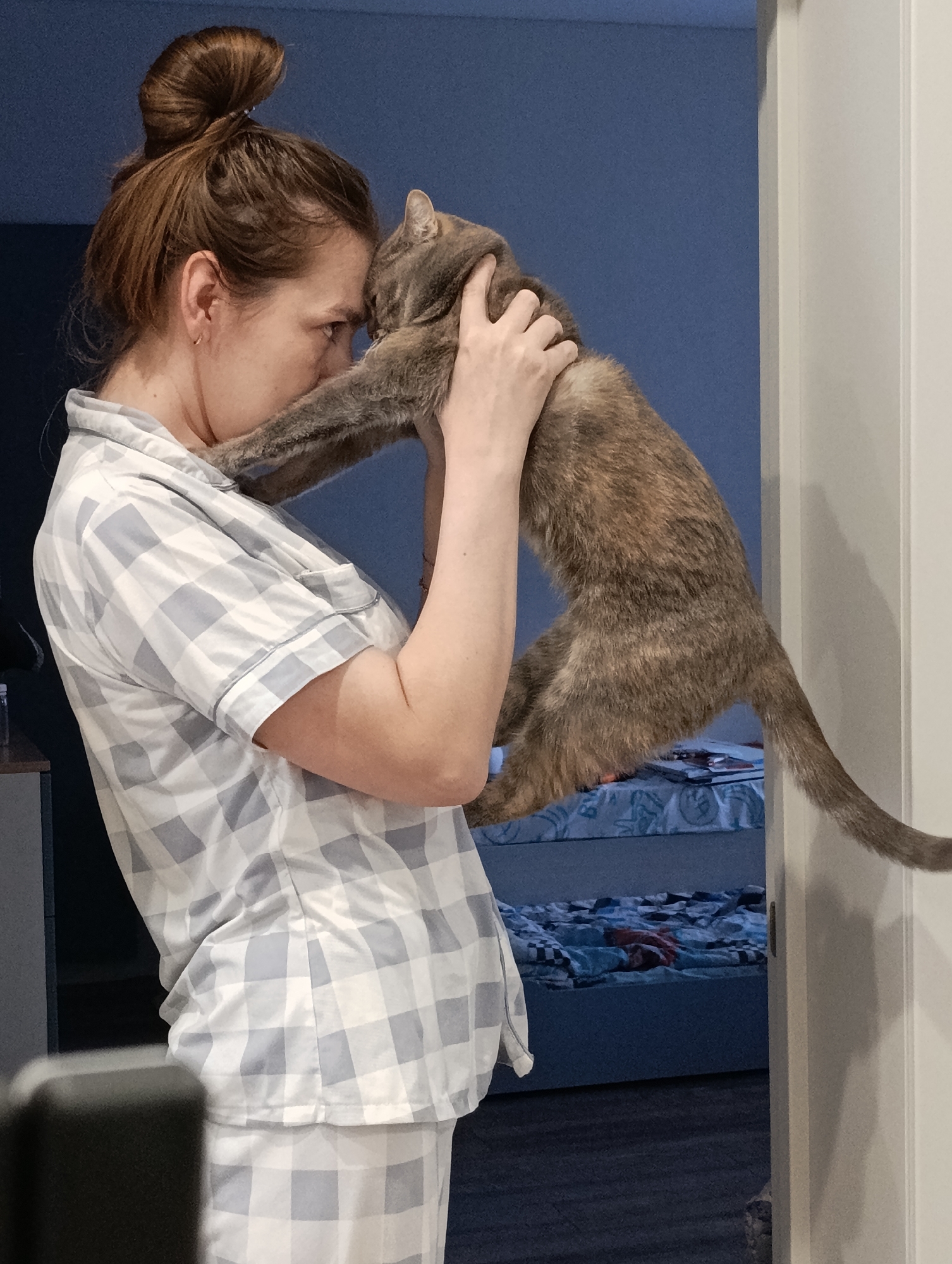 In an intimate indoor scene, a woman with brown hair tied in a high bun affectionately nuzzles a cat. She wears light blue and white checkered pajamas, consisting of a short-sleeved top and matching pants. The woman is positioned in profile, holding the grey-brown tabby or tortoiseshell cat up to her face, with their foreheads gently touching. Her hands support the cat, which has its front paws extended towards her, one resting near her shoulder.
The background features a solid blue wall behind the woman and the cat, with a white doorframe visible on the right side of the image. Further back, a bed with blue bedding and a patterned duvet can be seen, suggesting a bedroom or a cozy home environment. The floor appears dark, possibly carpeted or wooden. The overall atmosphere conveys a tender and loving bond between the woman and her feline companion. The pajamas worn by the woman suggest a relaxed time, likely evening or morning. No text is visible in the image. The provided context indicates the location is Chaikovsky, Russia.