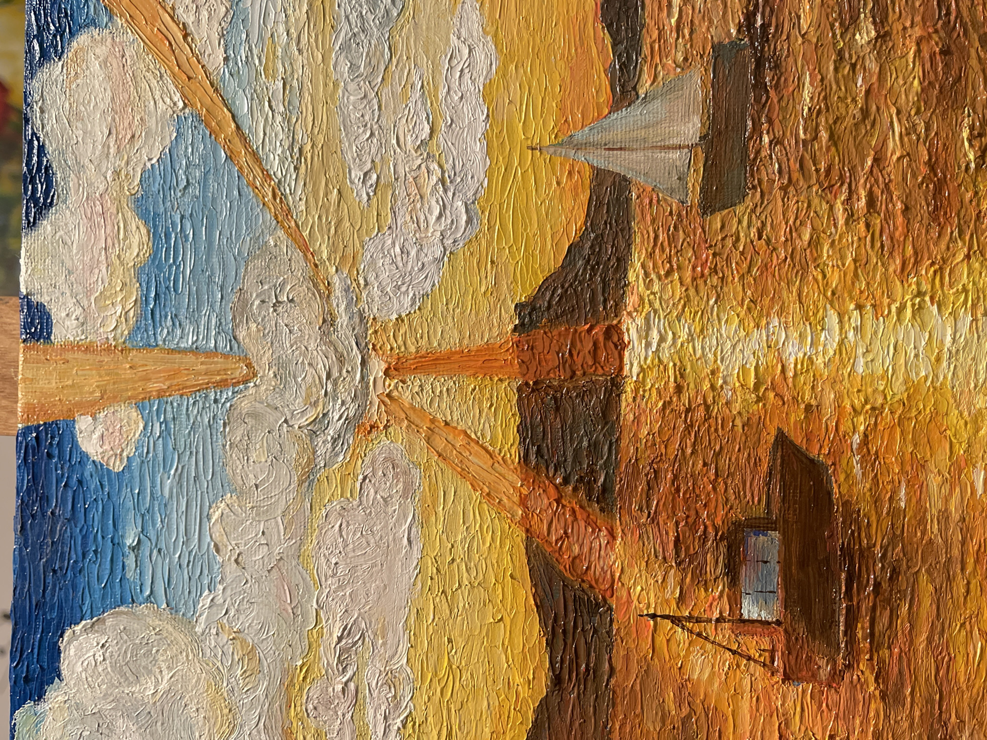 This media file presents a richly textured oil painting, characterized by prominent, thick impasto brushstrokes that create a palpable sense of depth and movement. The scene is a vibrant depiction of either a sunset or sunrise, rendered with an intense and warm color palette.
In the upper portion of the painting, a dynamic sky unfolds, transitioning from deep blues at the far left to lighter blues and whites towards the center. Fluffy clouds, painted in shades of brilliant white, cream, and subtle pinks, are scattered across the sky. From a central, bright point, prominent golden and orange sunbeams emanate, cutting across the sky and extending into the lower half of the canvas, suggesting a powerful light source.
The lower section of the artwork is dominated by a sweeping expanse of warm colors – primarily oranges, yellows, and browns. This area likely represents either a sun-drenched body of water, reflecting the sky's glow, or a rugged, sunlit landscape. The surface here is heavily textured with vertical and horizontal strokes, contributing to a sense of shimmering light or undulating terrain.
Within this warm landscape, two key subjects are visible. Towards the top right, a stylized sailboat with a simple white triangular sail and a dark hull appears to glide across the water. Further to the bottom left, a rustic building with dark, muted brown walls and a contrasting blue and white window is depicted. A small, dark projection or structure extends from the side of the building.
The overall mood of the painting is one of serene beauty and dramatic natural light. The thick application of paint and the bold color contrasts evoke an energetic yet peaceful atmosphere, capturing the essence of a tranquil moment at dawn or dusk. There is no visible text within the image. Given the location context of Maidstone, United Kingdom, the scene could be a stylized representation of a local landscape or waterscape, possibly along the River Medway or a nearby coastal area.
