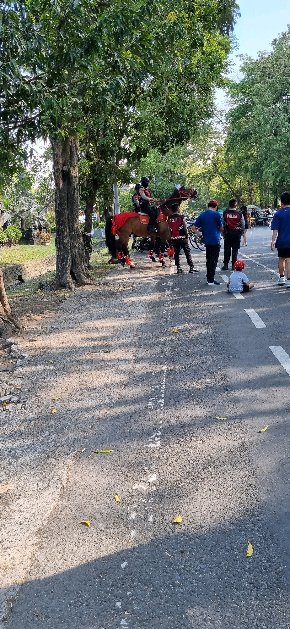 An outdoor scene captures several individuals, a horse, and park-like surroundings, likely within Denpasar, Indonesia. In the foreground, a paved road with white lane markings runs horizontally across the frame, with shadows of trees dappling the surface. A young child, wearing a red helmet, sits on the road facing away from the camera. To the right, two men wearing dark blue shirts and red and black vests with the word "POLISI" are standing. Further up the road, a police officer on horseback, also wearing a dark uniform and helmet, is visible. The horse is adorned with a red saddle blanket and red leg wraps. Several other police officers are standing near the horse. The background is characterized by lush green trees and vegetation, with a stone wall and what appears to be a sculpture or structure visible on the left side of the frame. The overall atmosphere suggests an event or patrol taking place in a public park or street.