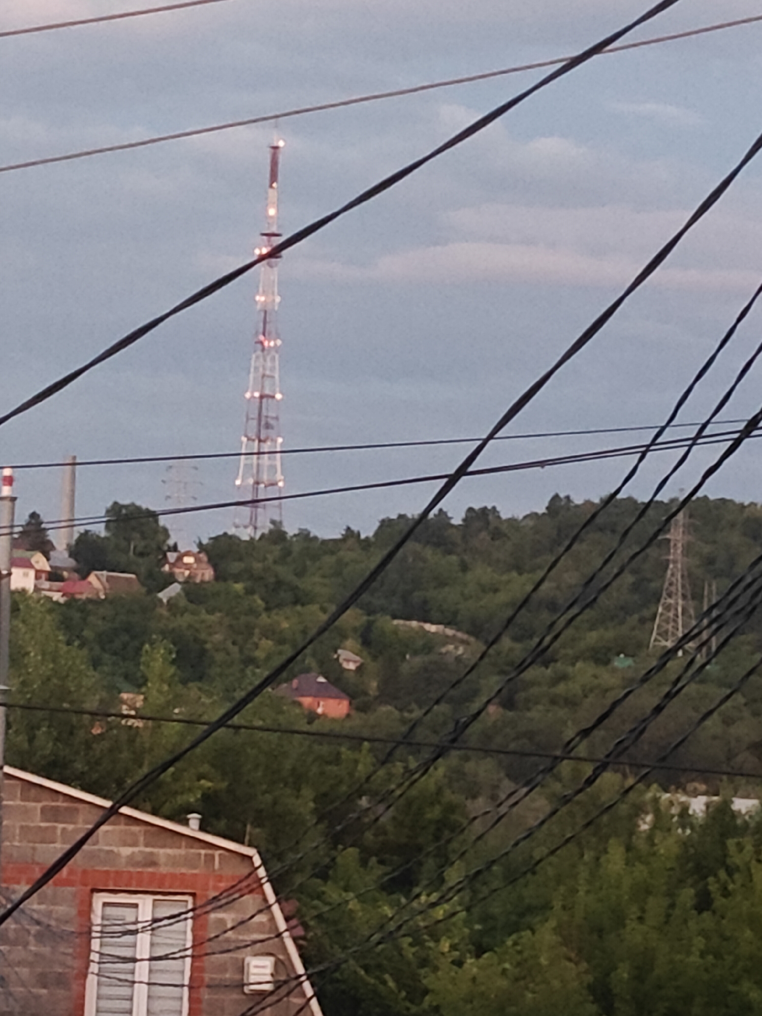 The image depicts a telecommunications tower in the distance, situated atop a lush, green, tree-covered hill. Several power lines are prominently visible in the foreground, crisscrossing the frame and obscuring parts of the scene. A few scattered houses and a smaller industrial structure are visible on the slopes of the hill, nestled amongst the trees. The sky is overcast with a hint of lighter clouds. The overall impression is a suburban or semi-rural landscape with a focus on the imposing presence of the tower and the network of overhead wires.