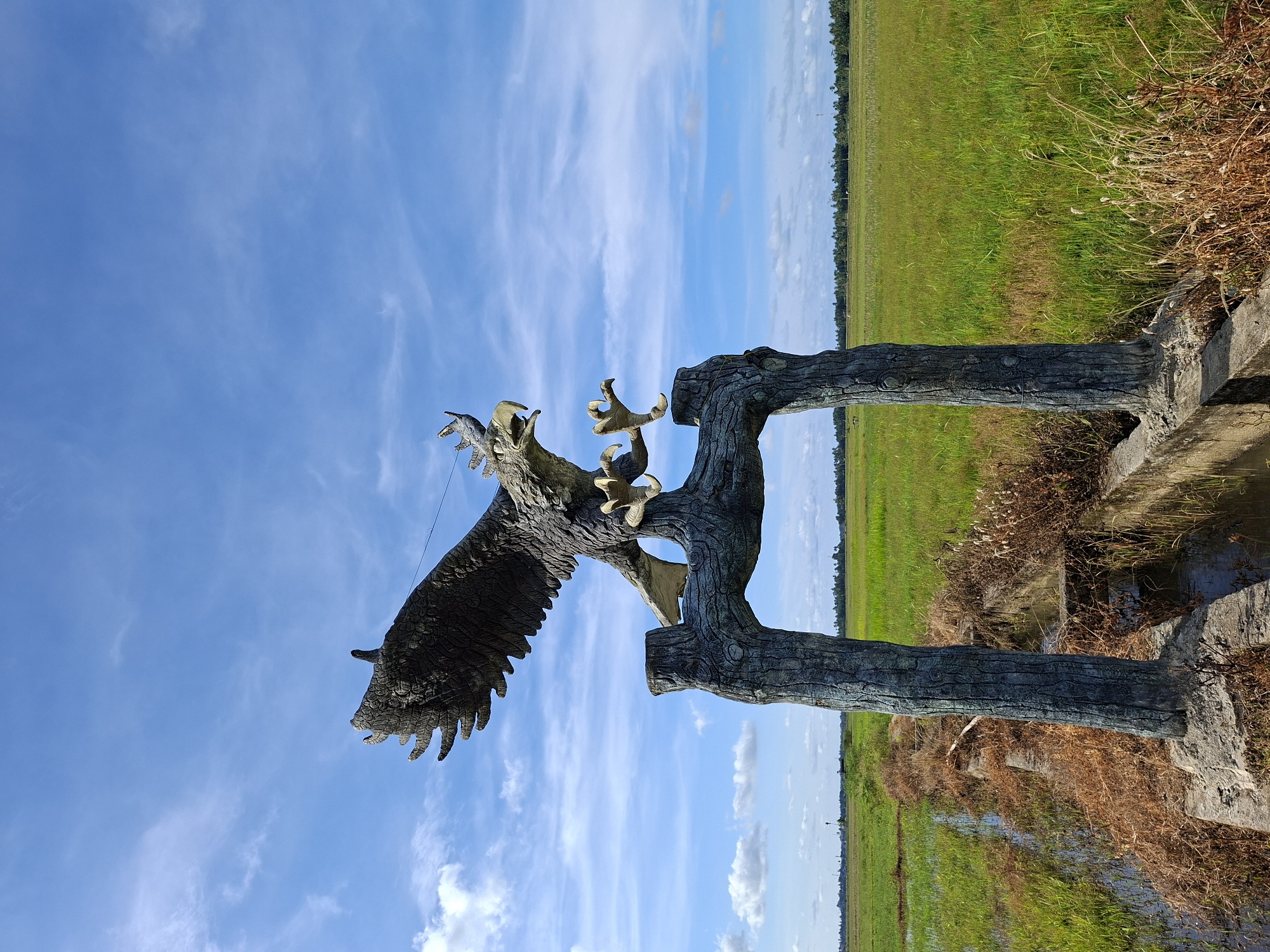 The image depicts a statue of an eagle perched on a faux-wood structure. The eagle is dark with outstretched wings and prominent talons. The structure it stands on appears to mimic two tree trunks supporting a horizontal branch with a hole. The background includes a blue sky with wispy clouds and a green field, likely rice paddies. The statue is located in Lhokseumawe, Indonesia. The photo appears to be taken at ground level with a wide angle.
