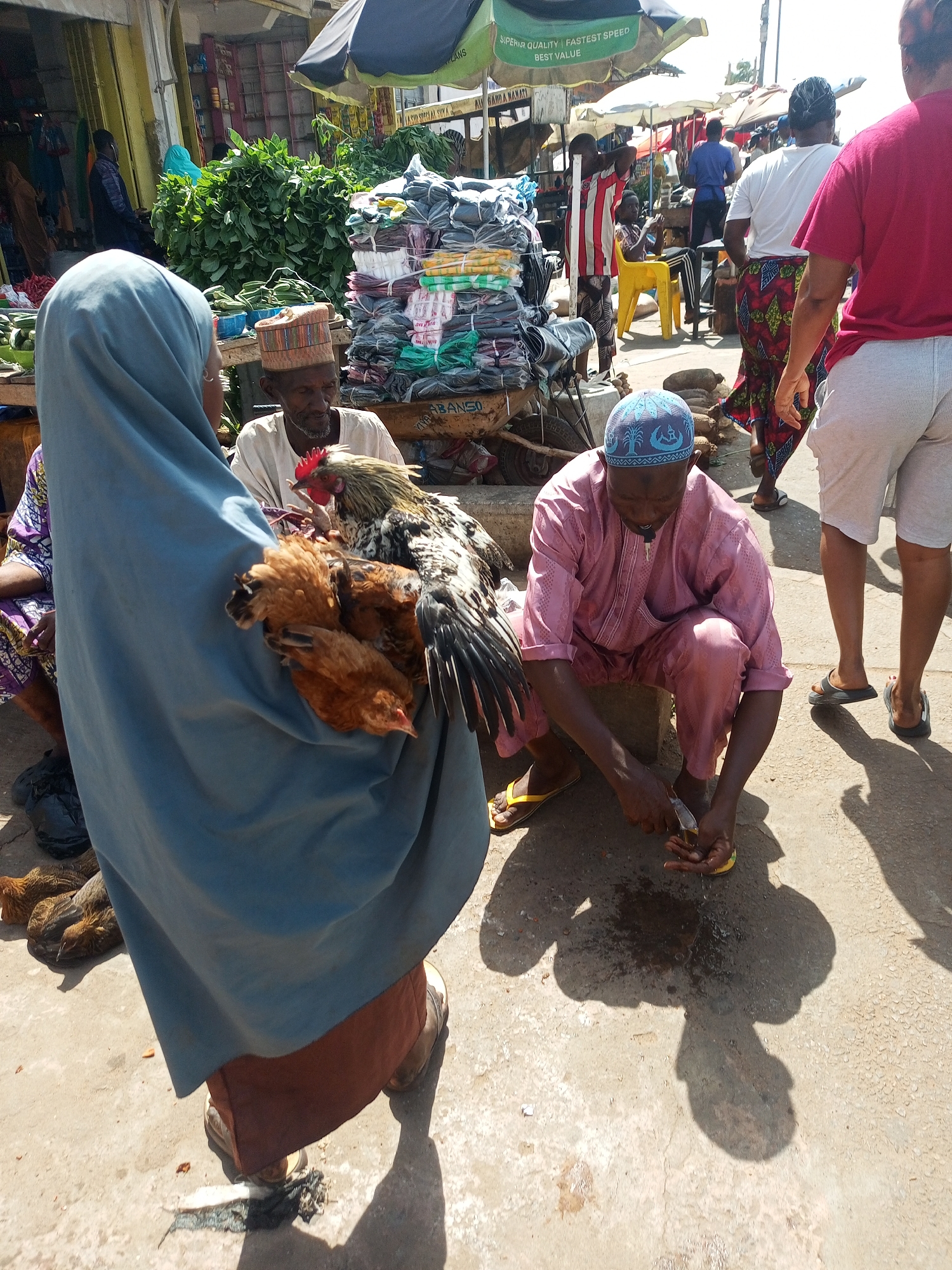 The image depicts a bustling outdoor market scene, likely in a sunny, tropical climate, possibly West Africa, given the attire and market goods.
In the foreground, a woman wearing a light blue hijab or veil, with a brown garment underneath, stands with her back to the camera. She holds several live brown chickens in the crook of her arm. To her right, a man in a white tunic and a patterned, striped cap sits behind a stall, looking downwards. A large black and white rooster rests on the stall next to him.
Further to the right, a man in a pink traditional outfit and a blue patterned cap squats, tending to something small in his hands over a small puddle of water, possibly washing or preparing it. His yellow flip-flops are visible. Distinct shadows are cast on the concrete ground, indicating strong sunlight.
The market features various stalls. One prominent stall behind the seated man is piled high with fresh, green leafy vegetables. Another stall holds large stacks of bundled fabrics or textiles. In the background, other market-goers are visible, including a man in a red and white striped shirt and a woman in a colorful patterned skirt. Several large umbrellas provide shade over different sections of the market.
Visible text on a green umbrella reads "SUPER QUALITY | FASTEST SPEED | BEST VALUE". Other partial texts like "GADA MANATA" and "ABANSO" are on market stalls. The overall atmosphere is one of active commerce and daily life in a local market.