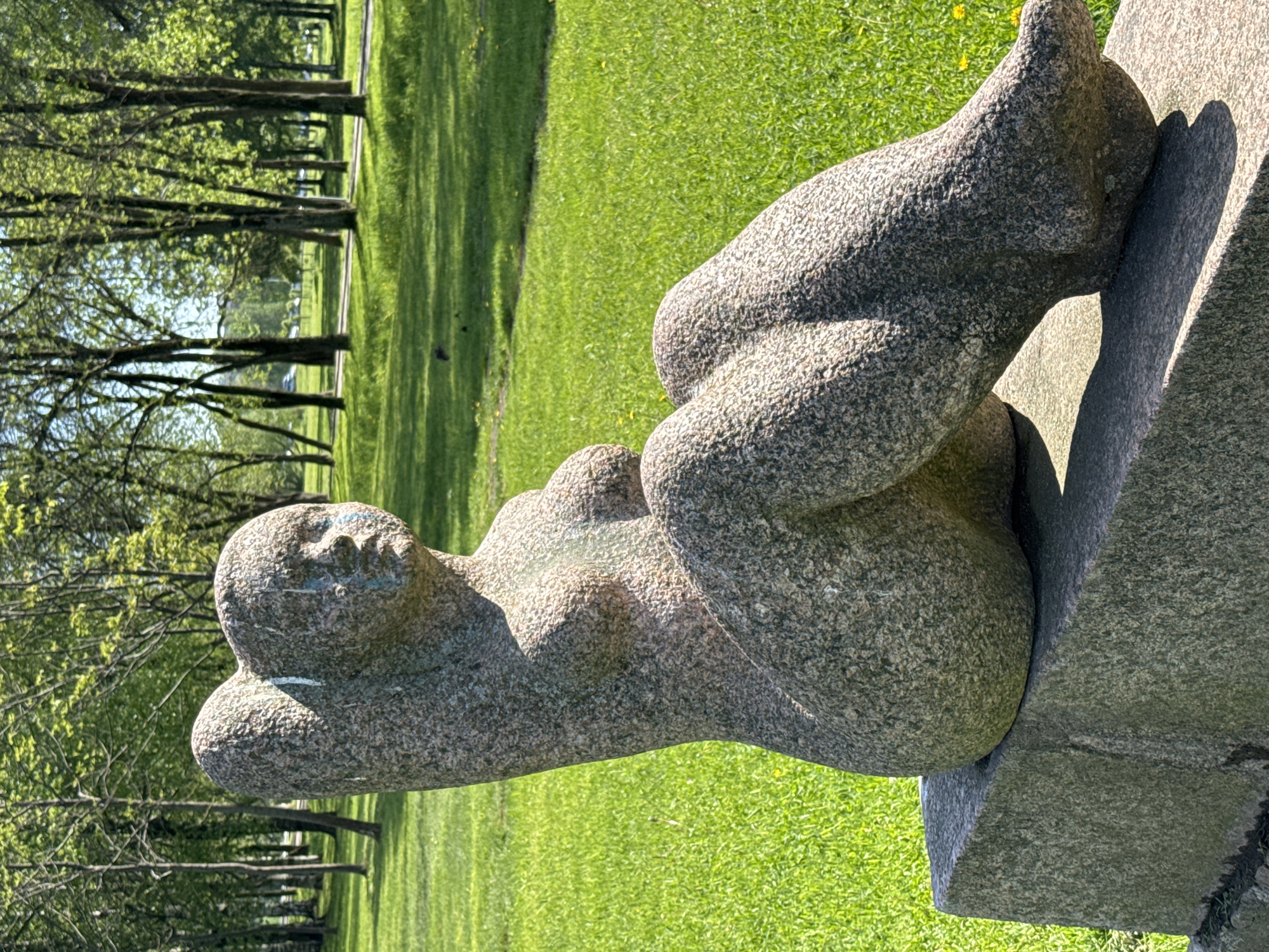 The image depicts a reclining female nude sculpture, constructed from a rough, grey stone material. The figure is positioned on a grey stone pedestal. The sculpture is located in a park, evidenced by the green grass and line of trees visible in the background. The location is Saint Petersburg, Russia.