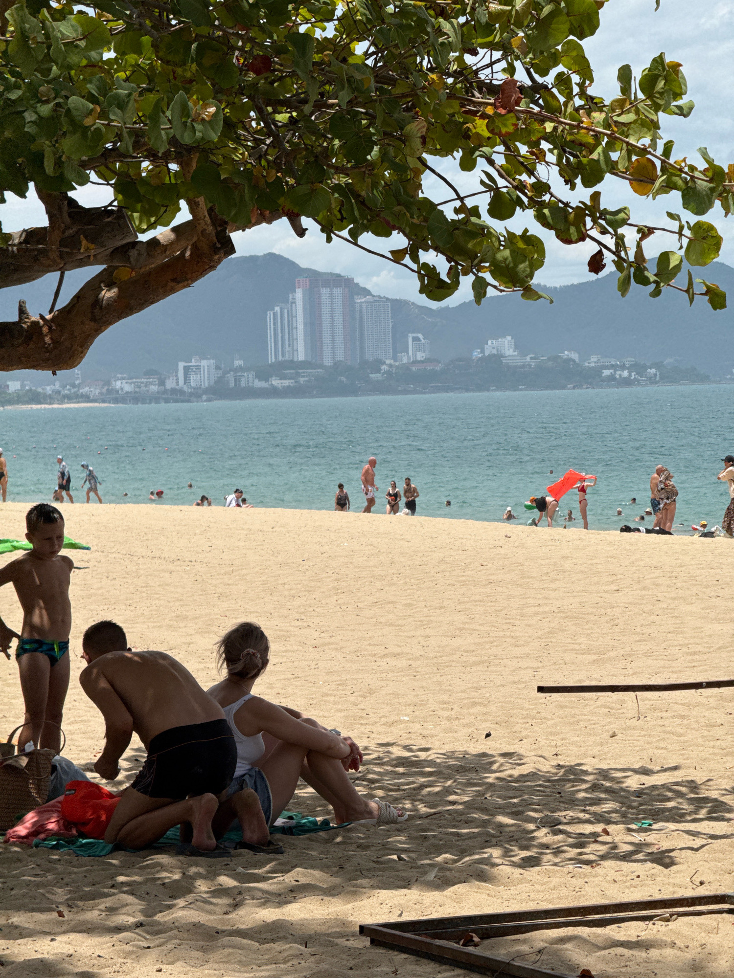 In Nha Trang, Vietnam, a sandy beach is bustling with activity under the shade of a large tree. The turquoise ocean stretches to the horizon, where buildings and mountains form a distant cityscape. On the beach, a young boy in swim trunks stands near a woven basket and towels, while a couple sits in the sand, the man on his knees and the woman beside him. Numerous other beachgoers are scattered across the sand and in the water, some wading, others swimming or lounging. The scene is bathed in sunlight, casting dappled shadows from the tree's leaves.
