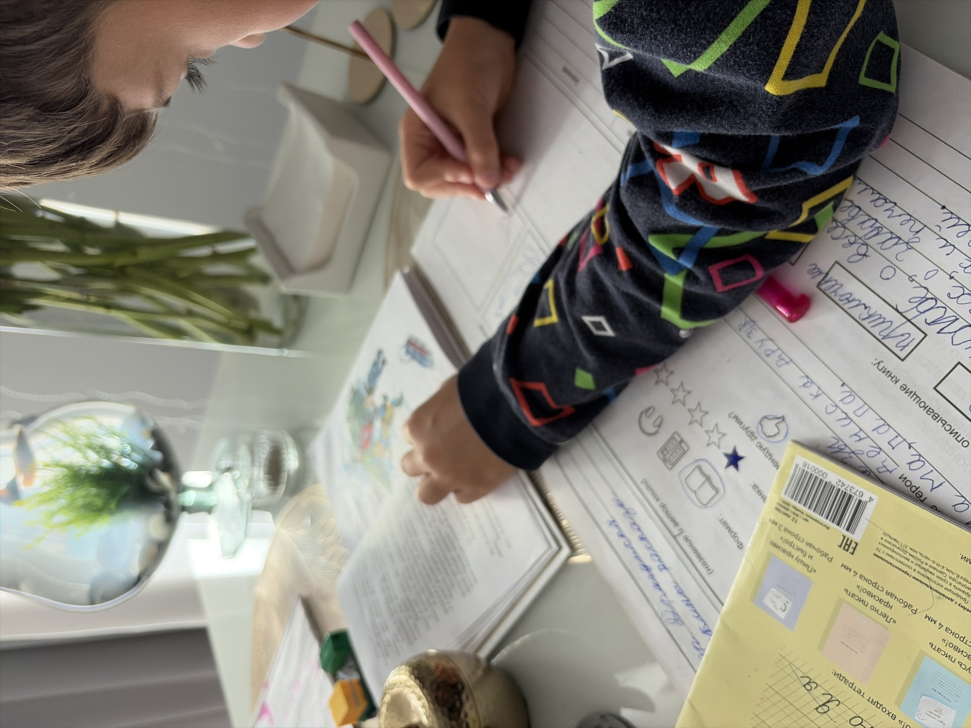 In a well-lit indoor environment, possibly a home study, a young person is engaged in writing. They are seated at a table, with their right arm bent as they hold a pink pen and write on a piece of paper. The paper has printed lines and boxes, suggesting it is a worksheet or exercise book. The person is wearing a dark long-sleeved shirt with a colorful geometric pattern.
On the table, in front of the writer, is an open book with text and illustrations. To the left of the book, there is a golden metallic decorative object, possibly a paperweight, and two small toy cars, one yellow and one green. In the background, to the left, a glass fishbowl contains a green plant and pebbles, with what appear to be fish swimming inside. Further to the right, a glass vase holds a bouquet of tall green stems, likely flowers. A white tissue dispenser is also visible on the table.
The overall scene depicts a focused moment of study or homework completion. The lighting suggests it is daytime, and the presence of books, stationery, and decorative items indicates a domestic or educational setting. There are no explicit indicators to pinpoint the exact location within Moscow, Russia, but the context suggests a personal space rather than a public building.