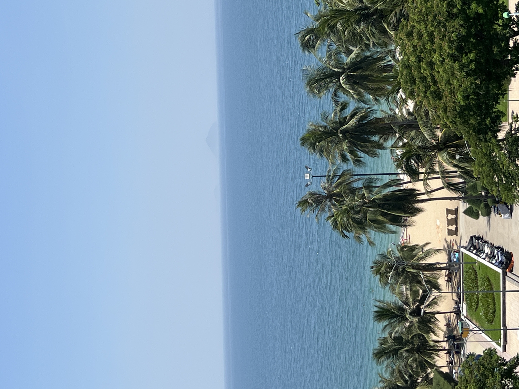 The image depicts a coastal scene in Nha Trang, Vietnam, likely from an elevated vantage point, possibly a hotel room. The horizon is dominated by a vast expanse of calm, blue ocean under a clear, pale blue sky. In the distance, a faint, hazy silhouette of an island or landmass is visible.
The foreground features a sandy beach dotted with palm trees. Some beachgoers are scattered across the sand, with a few lounge chairs placed near the water's edge. Beyond the beach, there's a paved area with a neatly manicured green space featuring layered foliage. Along the edge of this paved area, a row of motorcycles is parked. A lamppost with multiple lights stands near the palm trees. Lush green trees and foliage frame the bottom and right side of the image, suggesting a well-developed resort area or parkland adjacent to the beach. The overall impression is one of a sunny, tranquil beach day in a tropical city.