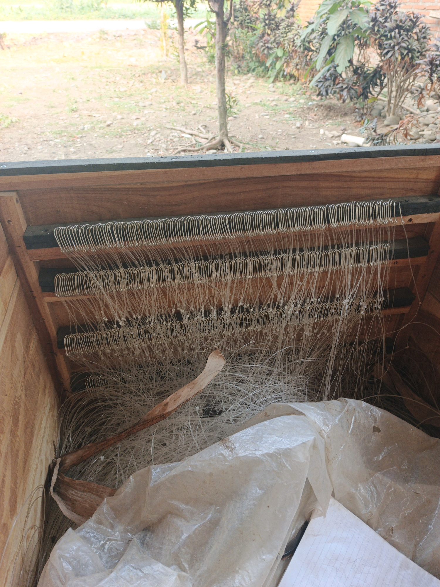 The image depicts the interior of a wooden box filled with fishing gear. Rows of fishing hooks are suspended from a dark horizontal bar, each attached to a clear fishing line. The lines descend into a tangled mass of more fishing line and a light-colored plastic bag, with a piece of wood protruding from the pile. The background shows an outdoor environment with trees, foliage, and a brick wall, suggesting a rural or semi-rural setting. The scene appears to be a storage area for fishing equipment, possibly in or around Bumiharjo, Indonesia, given the context.