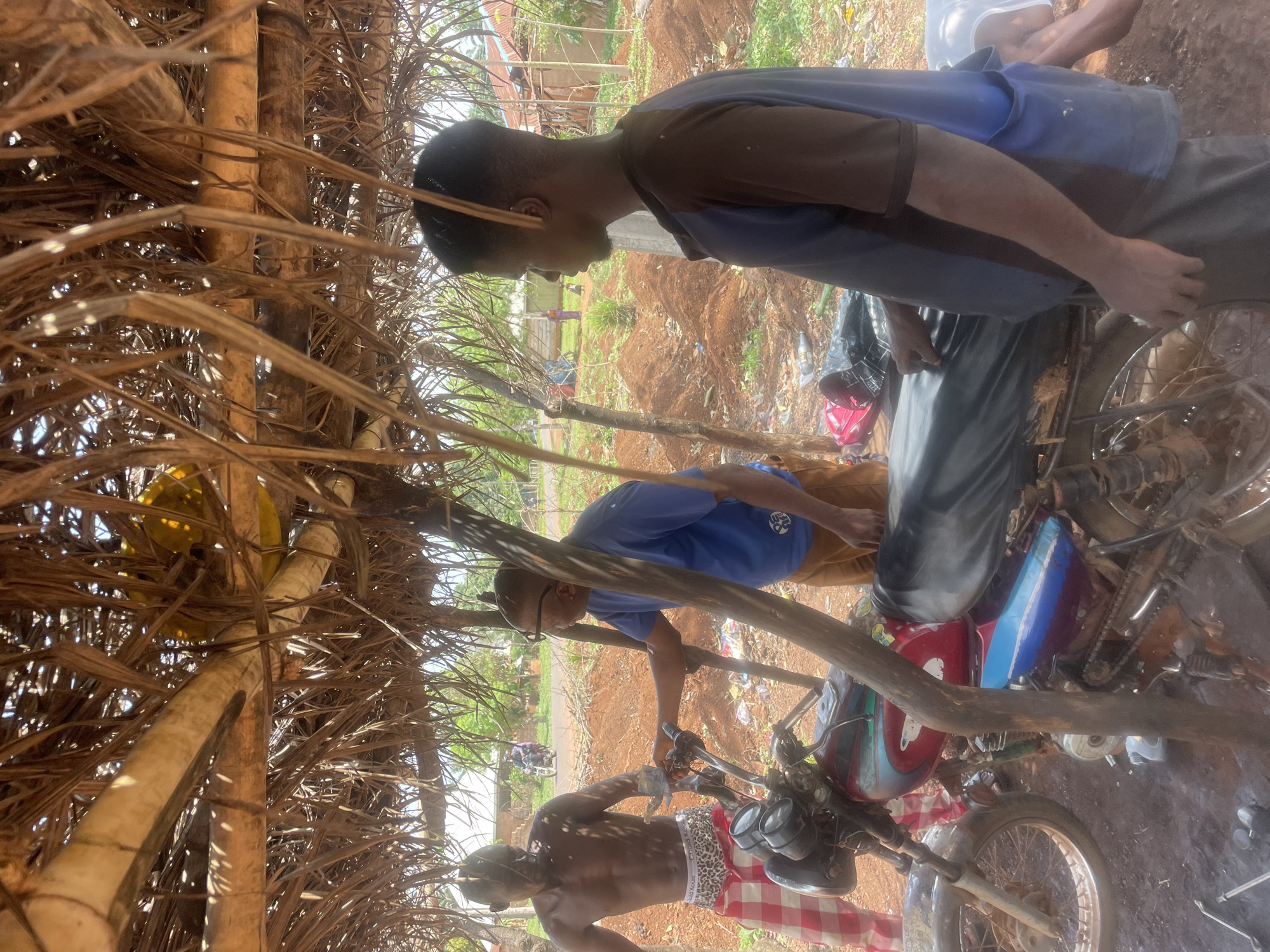 This rotated image captures an outdoor scene in Ogbe, Nigeria, under what appears to be bright daylight, possibly with some cloud cover or a high sun, casting soft shadows. The setting is a rustic shelter constructed from dried palm fronds and wooden poles, suggesting a traditional or makeshift structure. The ground is reddish-brown earth, indicating a natural, unpaved area.
The primary subjects are three men and at least two motorcycles, gathered beneath the shelter. In the foreground, a shirtless man, wearing patterned boxer shorts (with text like "CHRISTIAN DIOR" and "CK GUES" partially visible), is leaning over the handlebars of a motorcycle. He appears to be engaged in an activity related to the bike, possibly repair or inspection. Directly behind him and to the right, another man in a blue t-shirt and brown pants, wearing glasses, is also leaning over the same motorcycle, seemingly assisting or examining it. His t-shirt has a white, indistinct logo. A third man, dressed in a brown and blue t-shirt and dark pants, stands further back, observing the activity.
The main motorcycle has a red and blue fuel tank and appears well-used, showing signs of dirt and wear. Another motorcycle, partially visible, is parked nearby. Various tools or parts are scattered on the ground around the bikes. High up within the shelter's structure, a yellow object, possibly a helmet or container, is visible. In the background, beyond the shelter, distant green vegetation, more reddish earth, and what appear to be simple buildings can be seen, along with some scattered refuse like plastic bottles. The overall impression is a roadside or village motorcycle repair spot.