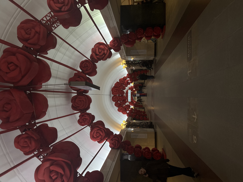 An interior view depicts a long, high-vaulted passage within Mayakovskaya metro station in Moscow, Russia. The passage is extensively decorated with numerous large, deep red artificial roses. These roses are arranged to form multiple arches that span the width of the hall and are also suspended from the white arched ceiling via red rods, creating additional decorative patterns. Linear strip lighting illuminates the upper edges of the ceiling arches, while ornate, dark-colored lampposts with multiple bulbs are positioned within recessed areas along both side walls. The floor is tiled with contrasting light and dark grey sections, displaying white directional arrows and Russian text, including "ВЫХОД" (Way Out). In the foreground left, a person wearing a dark jacket and dark trousers walks towards the viewer, engaged in a phone conversation with a dark-colored mobile phone held to their right ear. Multiple other individuals are visible further down the passage in the mid-ground and background, walking or standing. A rectangular, dark-colored information sign hangs from the ceiling in the mid-distance.
