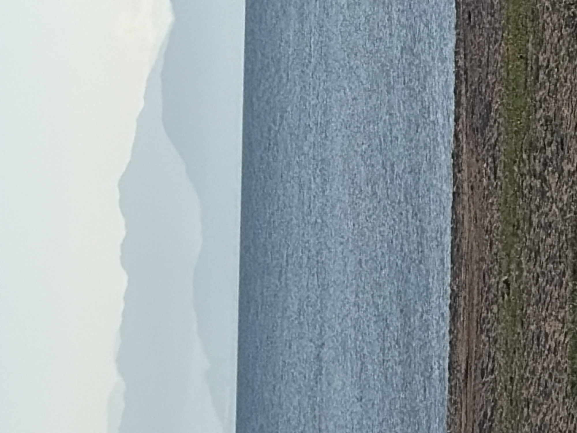 A wide, horizontal shot captures a serene natural landscape composed of three distinct horizontal bands: a sandy beach in the foreground, a vast expanse of blue water in the middle ground, and a hazy mountain range in the background under a pale sky. The beach exhibits a textured surface with patches of dry grass scattered across it. The water appears calm with subtle ripples. The mountains, layered and receding into the distance, are rendered in soft, muted blue tones, suggesting a considerable distance and possibly atmospheric haze. The sky is a uniform, pale blue, indicating a bright but overcast or early morning/late evening lighting condition. No people or man-made structures are visible in the frame, emphasizing the natural, unpopulated environment.