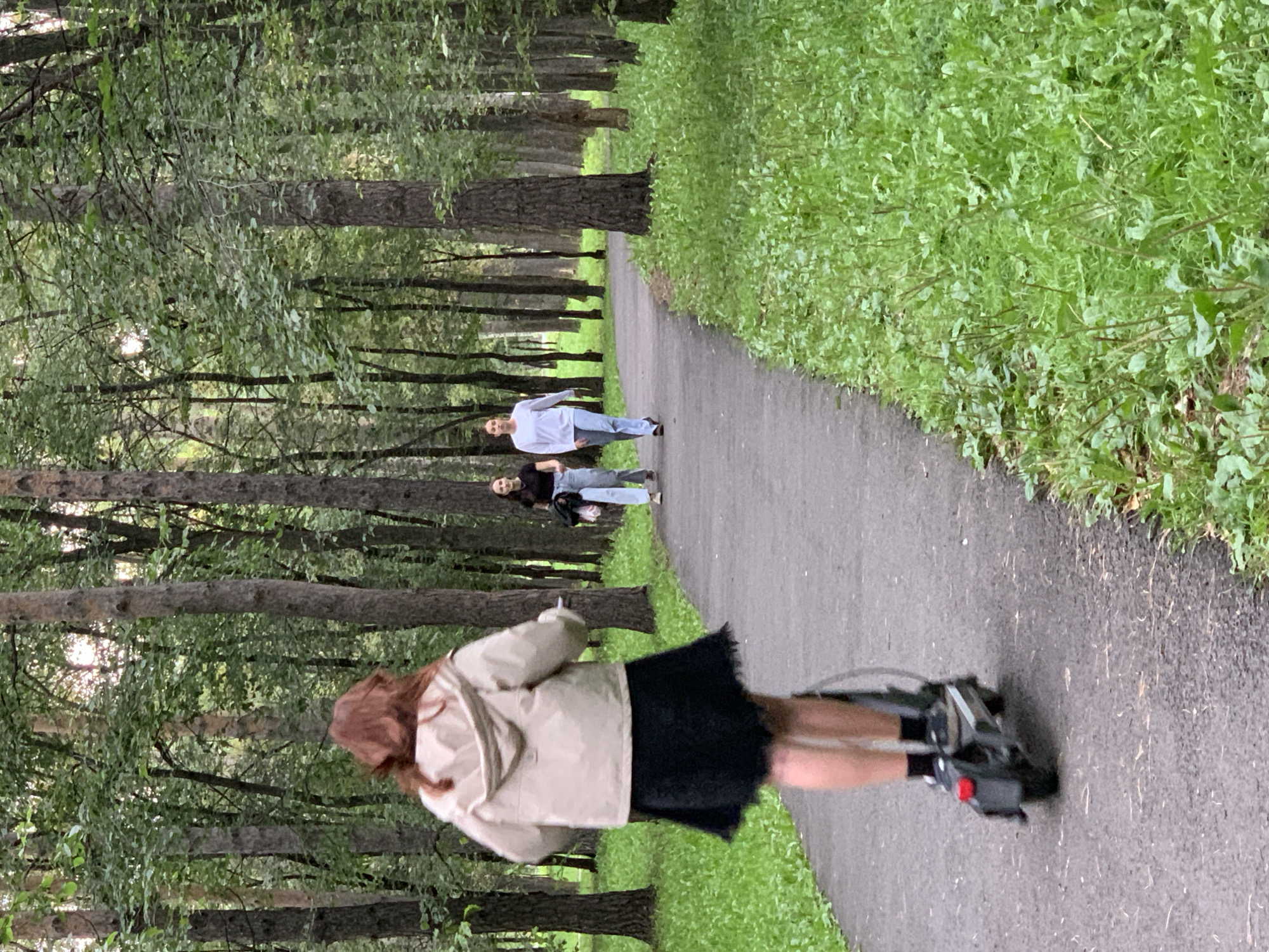 An outdoor, eye-level, medium shot shows three individuals on a paved path in a park. On the left, a person with long, reddish-brown hair is riding an electric scooter away from the camera. They are wearing a light-colored hooded jacket over a black skirt. To the right of the scooter rider, two people are walking on the path. The person in the middle is wearing a black t-shirt and blue jeans, and the person on the right is wearing a white long-sleeved shirt and blue jeans. All three individuals are facing away from the camera. The path curves to the right and is bordered by lush green grass and tall, slender trees with green foliage. The overall lighting suggests an overcast day. The scene is set in a park, potentially in Prokopyevsk, Russia, characterized by its dense tree cover and a well-maintained path.