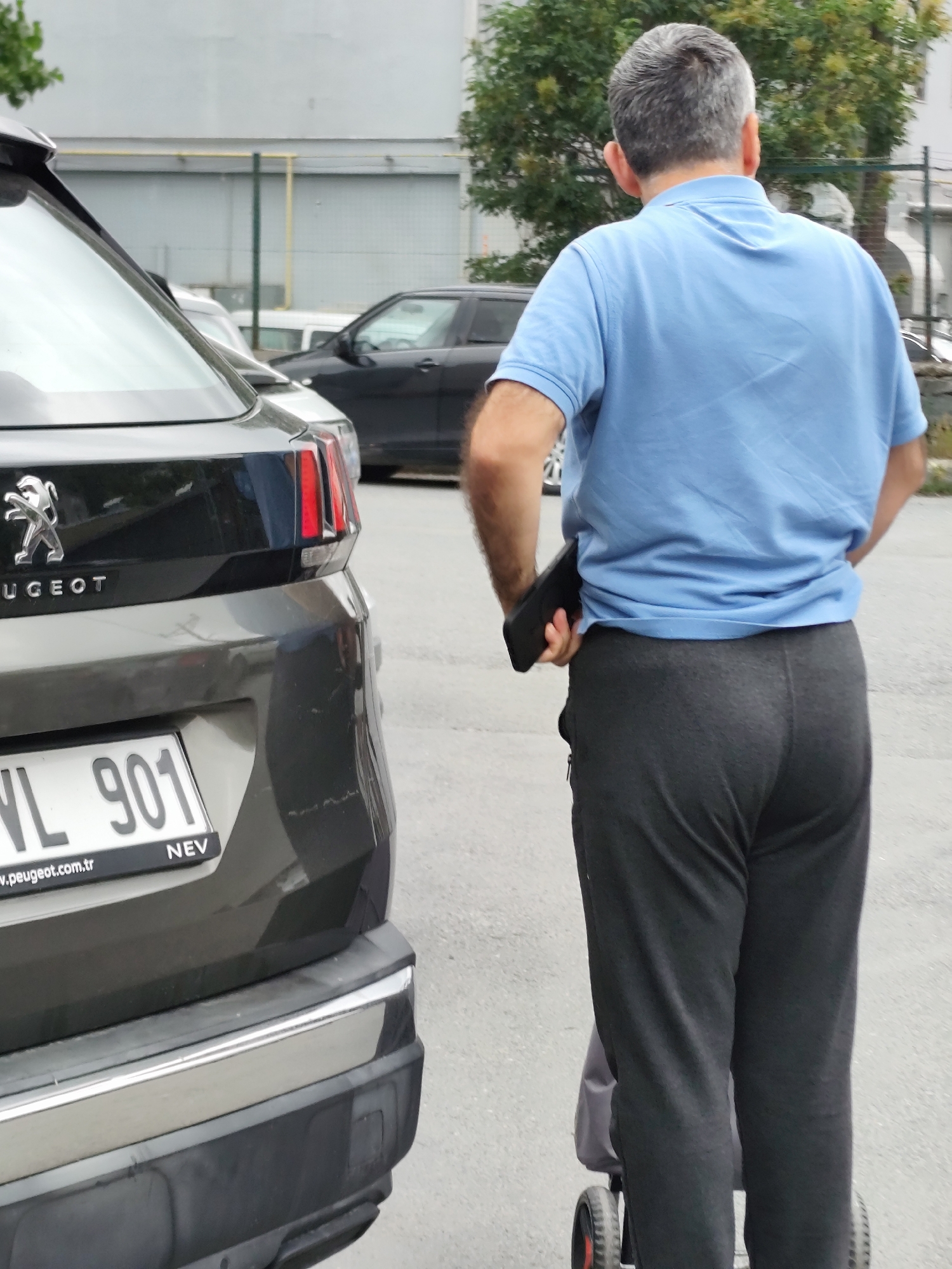 A man stands near the rear of a gray Peugeot car. The man has gray hair and wears a blue polo shirt and dark gray sweatpants. He holds a black object in his right hand. The car has a license plate that reads "VL 901 NEV." A black car is visible in the background, and a green tree is behind the man. The location is a city street.