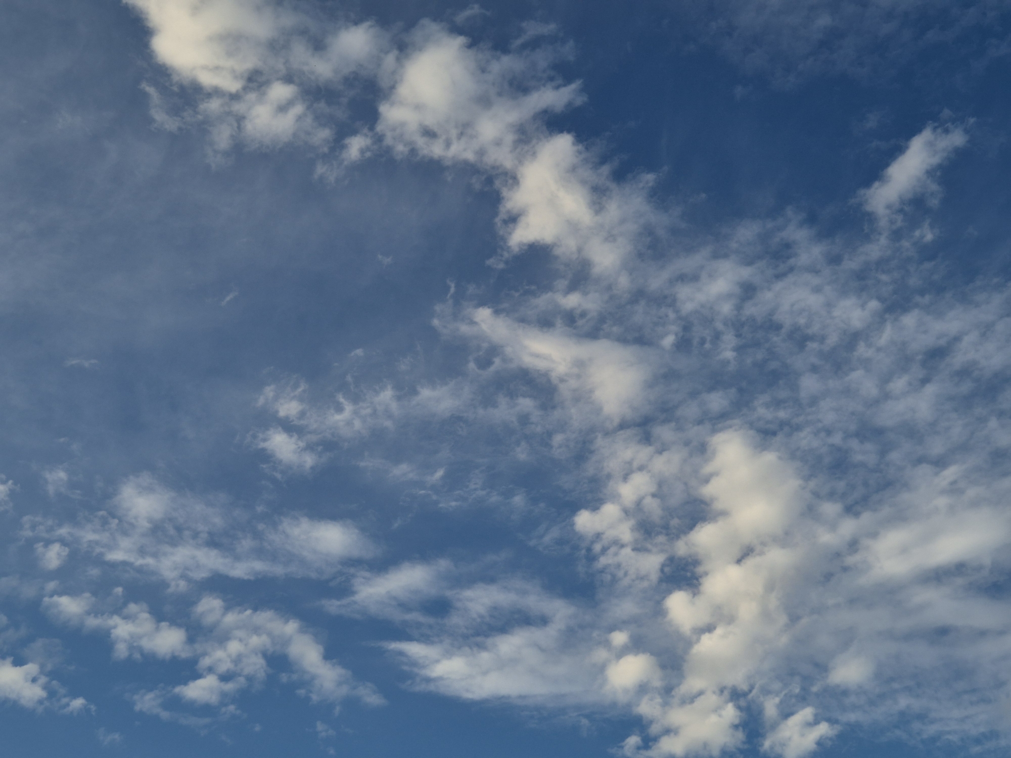 The image shows a cloudy sky. The clouds are white and fluffy, and they are scattered across a blue sky. The sky is clear in some areas, allowing the blue to show through. The clouds appear to be of different sizes and shapes, with some being larger and more defined, while others are wispy and thin. The overall impression is of a dynamic sky with a mix of cloud formations. There are no discernible landmarks or structures visible in the image, which is a wide shot of the sky. There is no information provided about the location in Bremerhaven, Germany.