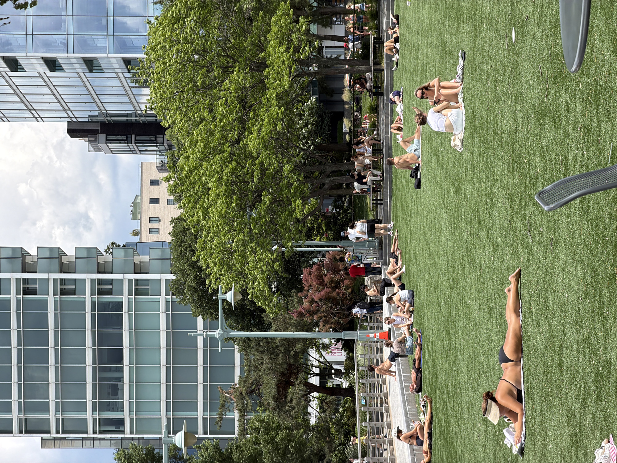 This detailed image captures a vibrant urban park scene on a partly cloudy day, depicting a diverse group of people relaxing and sunbathing on a meticulously maintained green lawn, set against a backdrop of modern New York City architecture.
The foreground is dominated by a bright green grassy area, likely artificial turf, where numerous individuals are lounging. In the immediate foreground, a woman with tanned skin, wearing a dark bikini and a light-colored visor, is lying face down on a white towel, sunbathing. Further back on the grass, other individuals are visible: a man in light-colored shorts lying on his back, two women sitting on a blanket, one in a white top and shorts, the other in a light top and dark bottoms with sunglasses, both appearing to be engaged with phones. Several other people are scattered across the lawn, mostly lying or sitting, enjoying the sun.
Running across the mid-ground is a raised concrete pathway, bordered by a grey metal railing. Along this pathway and on adjacent benches, more people are gathered. Some are sitting on the low concrete wall that separates the grass from the walkway, like a shirtless man in dark shorts on the left. Others are walking or standing, and several groups are seated on dark benches under the shade of mature trees further back. An orange traffic cone is visible on the pathway near the center-left. Two distinctive teal/green lampposts with multiple arms and lantern-style lights are prominent along the walkway.
The background features towering, modern glass-facade buildings. On the left, a tall building with a grid of white frames outlining large, reflective blue-tinted windows rises towards a partly cloudy sky. On the far right, another tall building with a similar glass facade features numerous balconies with clear glass railings. Between these, smaller, lighter-toned buildings are visible, including one with a flat roof and a darker, narrower structure with multiple stories and balconies. Lush green trees with varying shades of foliage are interspersed throughout the park, casting some shade.
The scene is brightly lit by natural sunlight, creating subtle shadows. The overall atmosphere is one of leisure and relaxation within an urban environment.
This scene is located in **Hudson River Park, Manhattan, New York City, United States of America**, specifically in the vicinity of the Chelsea or Meatpacking District, characterized by its modern waterfront park design and contemporary architectural developments.