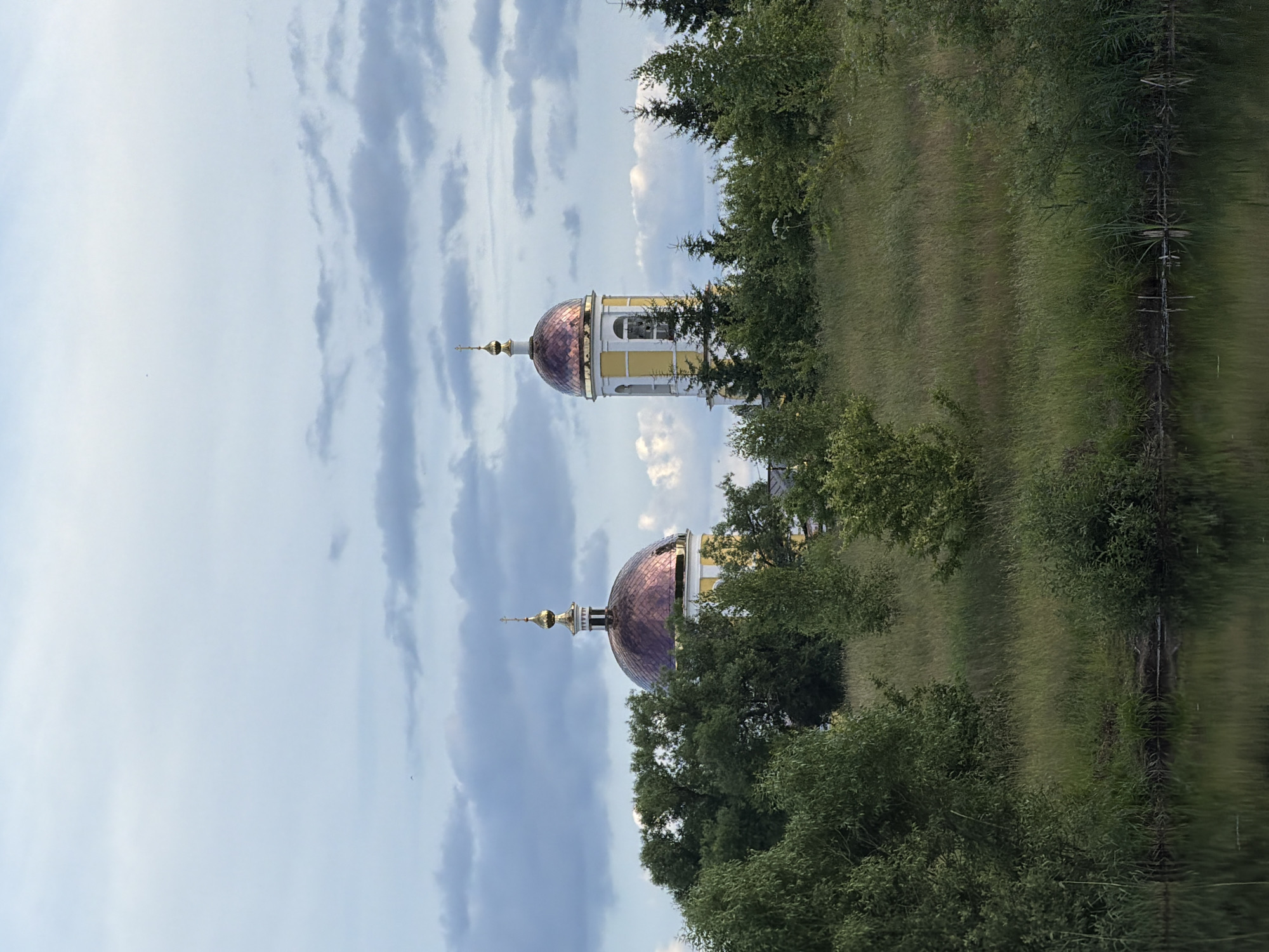 This image depicts a serene outdoor scene, likely in Satino-Russkoe, Russia. The primary subjects are two church domes peeking through lush green foliage. One dome is a vibrant reddish-purple, while the other is a lighter, almost golden hue, both topped with golden crosses. The domes are attached to yellow structures with white architectural details, suggesting they are part of a church or monastery.
The setting is a natural landscape with a dense growth of trees and grass. The grass in the foreground appears somewhat unkempt and is reflected in the water to the right of the image, creating a slightly distorted, shimmering effect. A thin, vertical element, possibly a fence or a line of posts, is visible on the far right, separating the grass from the water's reflection.
The sky is predominantly cloudy with patches of blue visible. The clouds are a mix of white and darker grey tones, suggesting a dynamic weather pattern, possibly transitioning between sun and rain. The overall lighting suggests it is daytime, likely late afternoon or early evening given the soft light. There are no people visible in the image, and the scene evokes a sense of peace and tranquility. The image is oriented vertically. No text is visible.