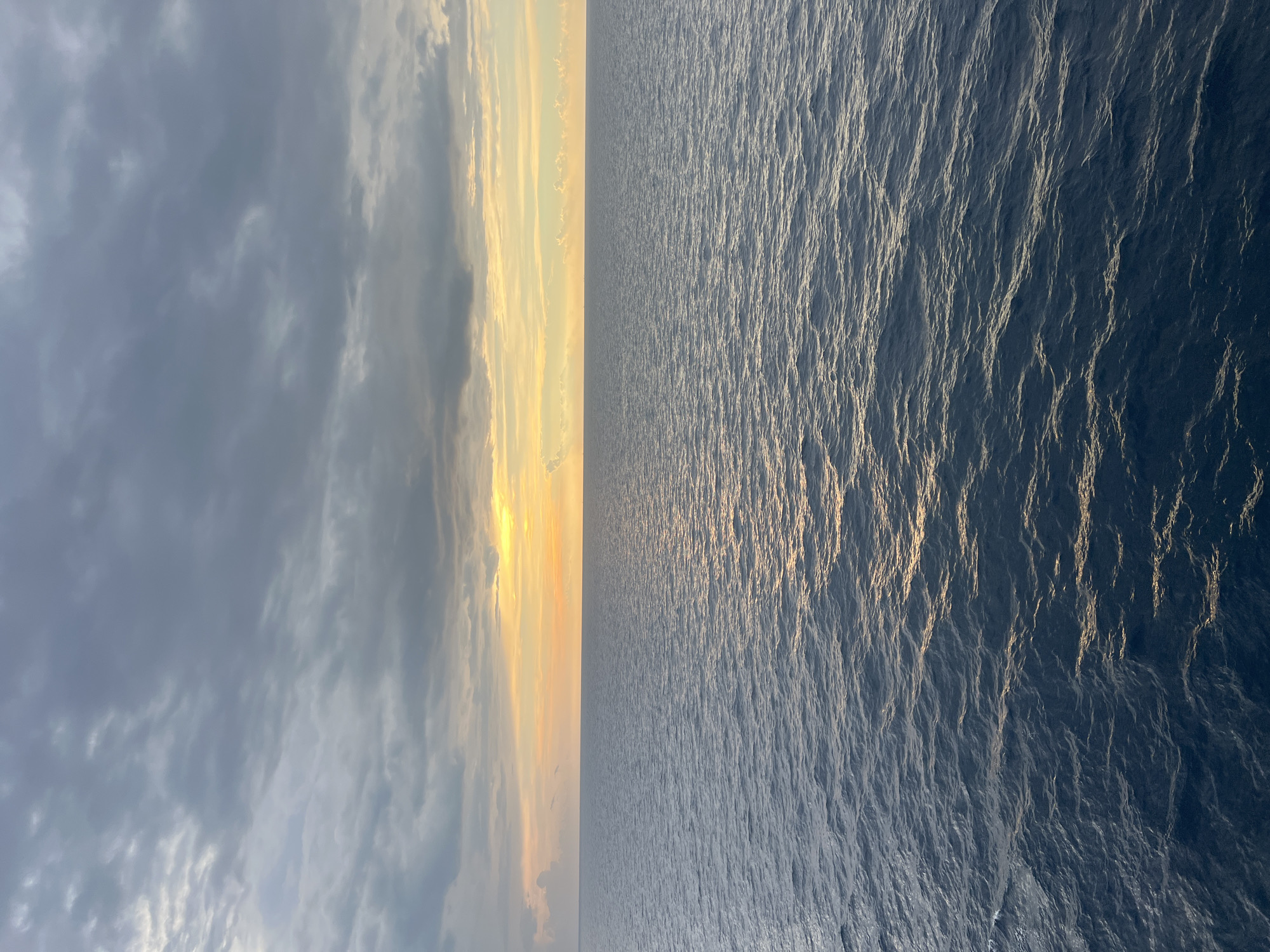 The media file displays a panoramic view of the ocean at sunset. The image is divided into two distinct halves: the left side shows a cloudy sky transitioning from dark grey on the left to warmer tones of yellow and orange on the right, indicative of the setting sun. The right side of the image is a vast expanse of dark blue ocean water, reflecting the light of the sky and creating shimmering patterns on its surface. The water is rippled, suggesting a gentle breeze or movement.
The scene is serene and tranquil, evoking a sense of peace and the grandeur of nature. The time of day is clearly sunset, with the rich colors in the sky confirming this. The location appears to be open ocean, with no land in sight. The weather seems partly cloudy, with the sun managing to break through in places to illuminate the clouds and the water.
There are no people or man-made objects visible in the image, emphasizing the natural and solitary beauty of the seascape. The overall impression is one of vastness and natural beauty, with the interplay of light and water creating a visually striking composition. There is no visible text in the image.