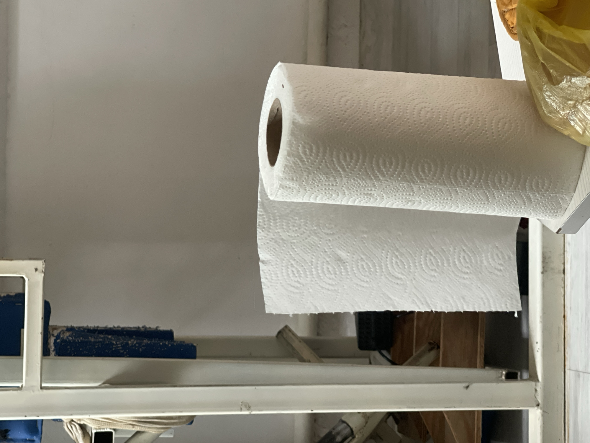 The image shows two rolls of paper towels standing upright. The roll in the foreground is to the right, and another partially visible roll is to its left. The paper towels have a textured pattern. Behind the paper towels, a white metal frame structure is visible, with blue objects attached to it. To the far left, a cream-colored cloth is hanging from the structure. In the background, a plain wall is visible. The scene appears to be indoors, possibly in a storage area or kitchen, and no specific location in Bishkek City, Kyrgyzstan can be determined from the image.