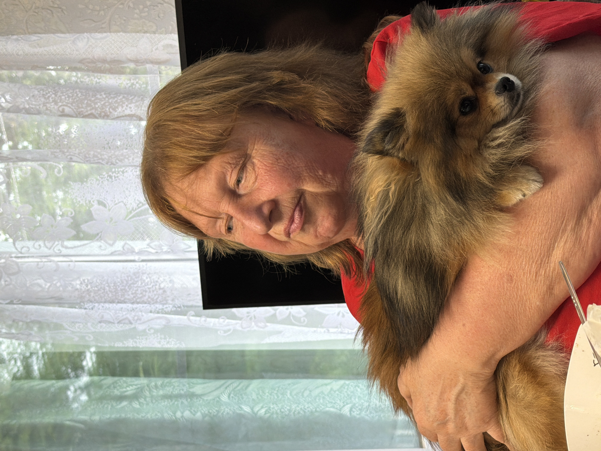A woman with blonde hair and fair skin is holding a small, fluffy dog. She is wearing a red shirt and appears to be looking off to the left. The dog is brown and tan with dark eyes and appears to be a Pomeranian. They are positioned in front of a window with white lace curtains. The background is blurred, but suggests an indoor setting. The image appears to have been taken in Бронница, Russia, in a residential area.