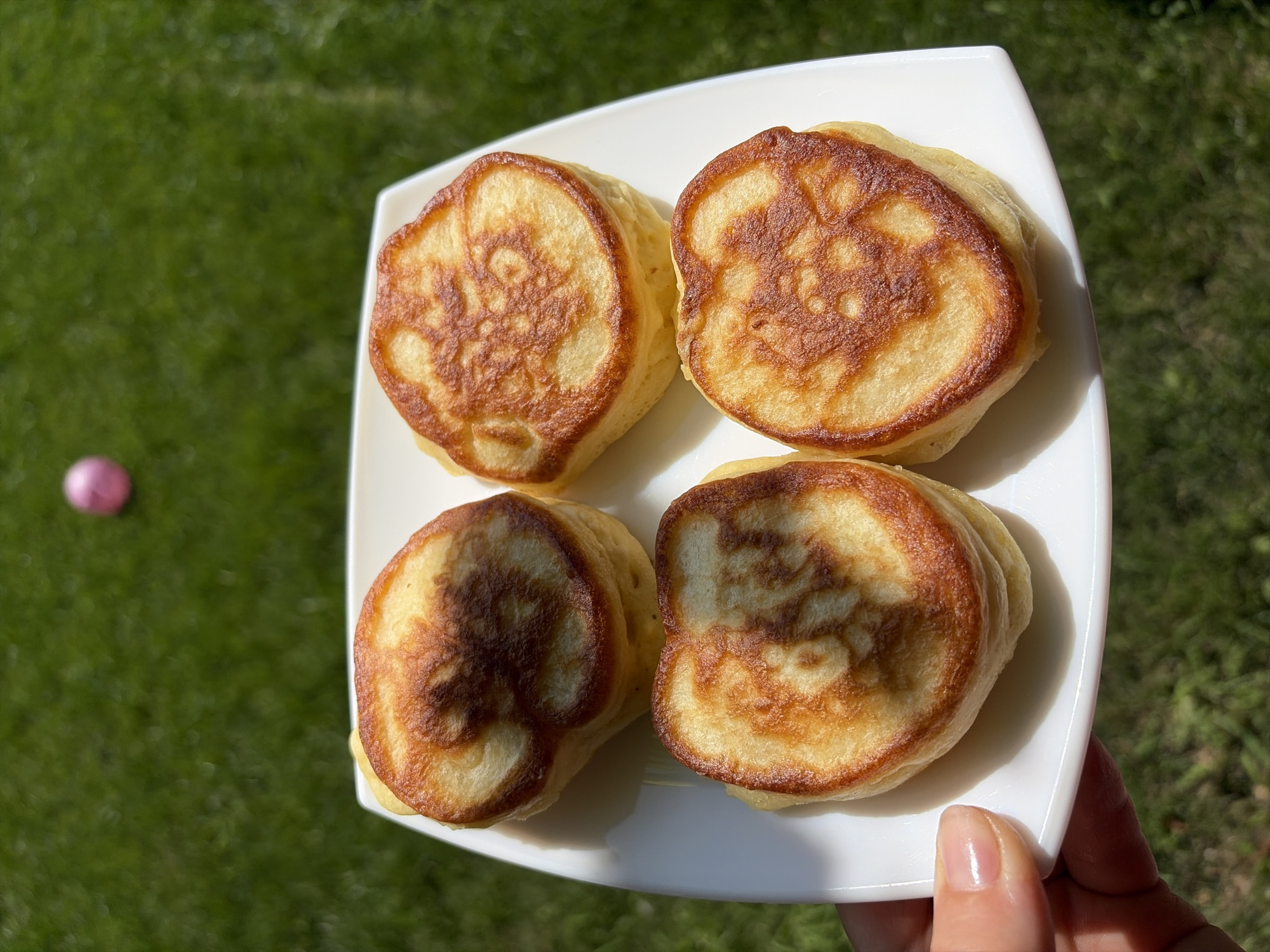 A hand holds a white square plate containing four small, thick pancakes. The pancakes are golden brown with darker browned patterns on their surfaces. The plate rests on a lush green lawn, and a blurred pink object is visible in the background. The scene is outdoors, suggesting a sunny day.