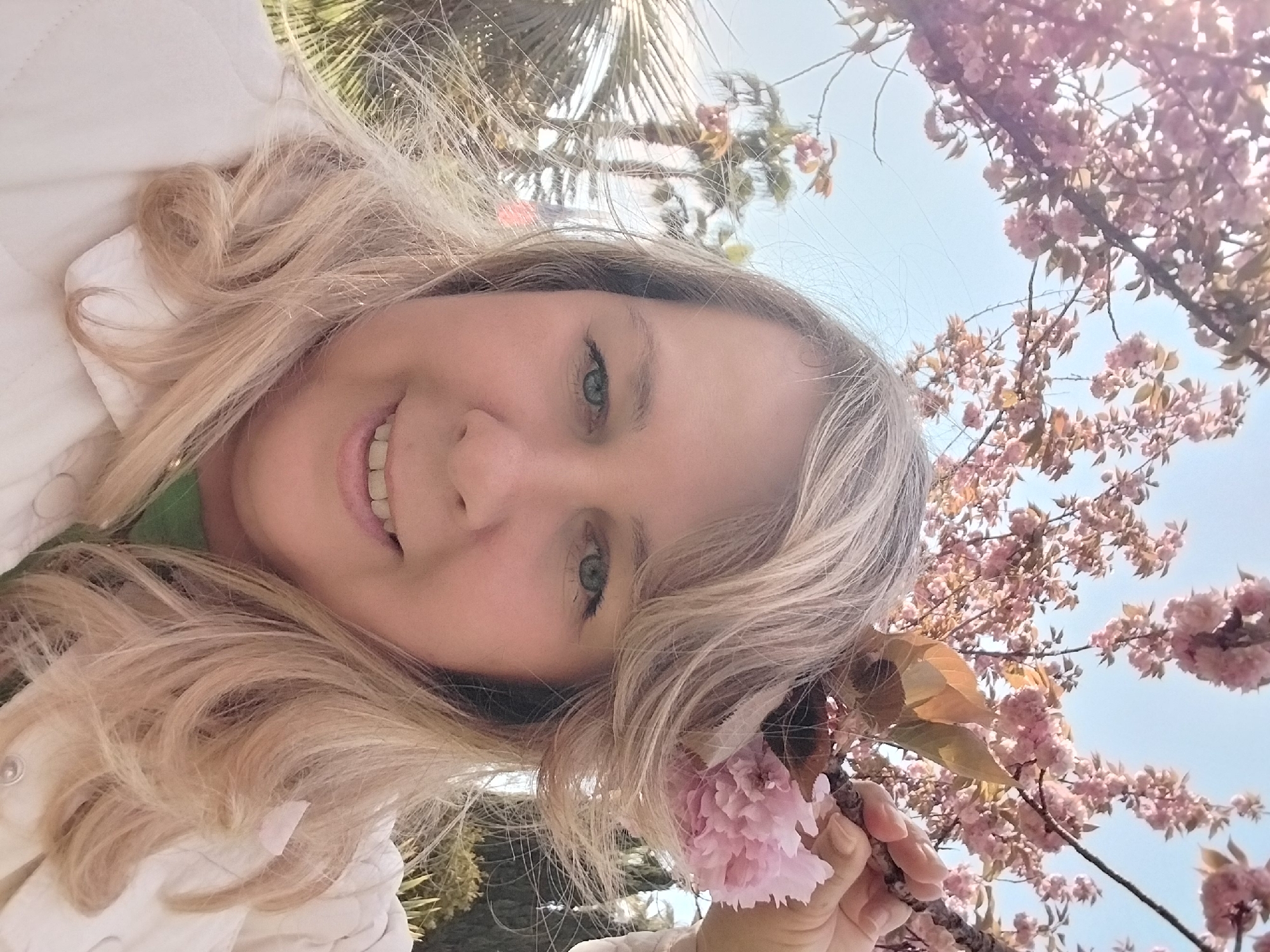 A bright, upward-angled selfie-style portrait captures a fair-skinned individual with long, wavy blonde hair and blue-green eyes. The person is smiling broadly, revealing white teeth, and looking directly into the camera. They are wearing a light-colored jacket or coat over a green top.
The subject is holding a branch of delicate pink cherry blossoms close to their face. The background is filled with more of these vibrant pink blossoms on branches, suggesting a springtime setting. In the upper left background, green fronds of what appear to be palm trees are visible against the clear, bright blue sky.
The image conveys a sense of joy and appreciation for nature on a sunny day. The combination of cherry blossoms and palm-like trees points to a location with a mild, possibly subtropical, climate, aligning with the provided context of Sochi, Russia. No text is visible in the image.