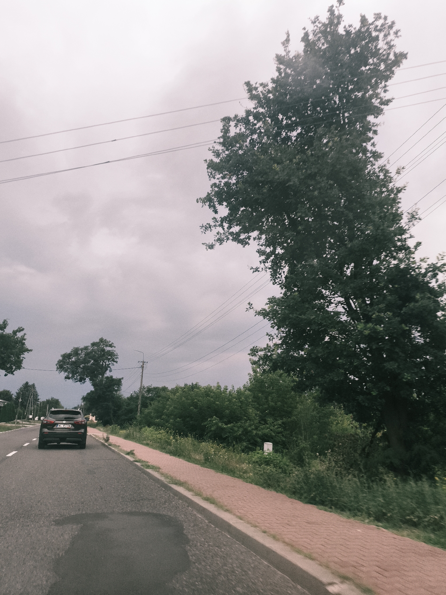 The image depicts a view from a moving vehicle on a road in Olszewnica Nowa, Poland, under an overcast sky. A dark-colored SUV, with the license plate "WL 4570W", is driving ahead on the right side of the asphalt road. The road is bordered by a brick-paved walkway on the right, and then by a grassy area with vegetation and trees. A large tree with dense foliage dominates the right side of the frame, its branches reaching upwards. Power lines are visible stretching across the sky. On the left side of the road, there are more trees and some buildings visible in the distance. The overall atmosphere is subdued due to the cloudy weather.