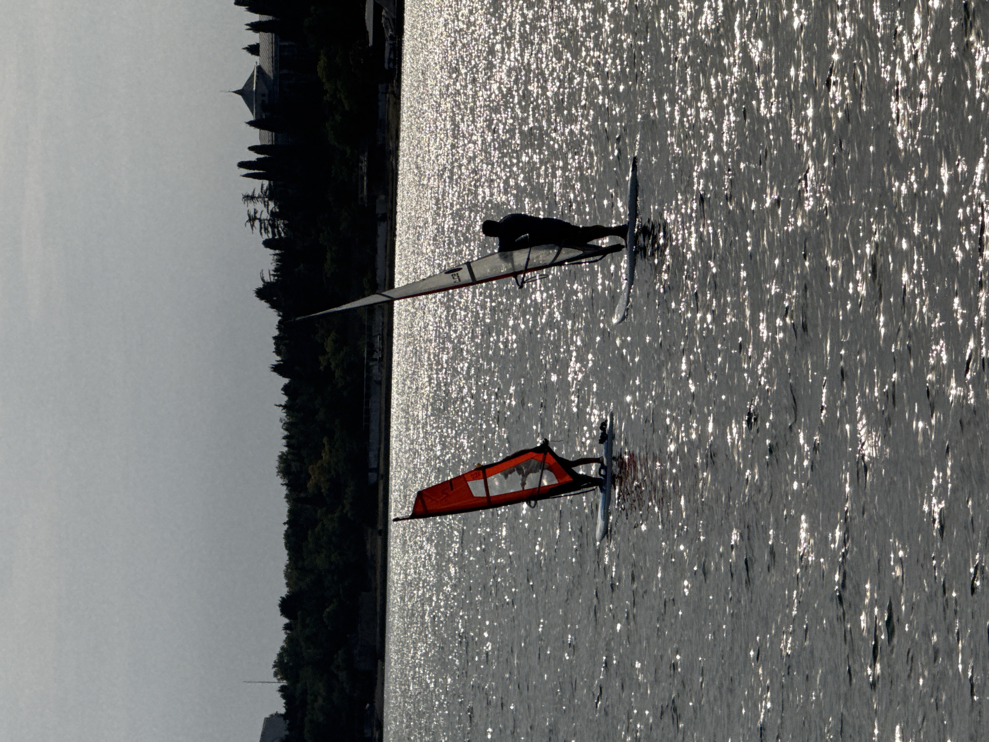 Two windsurfers are on the water with the city of Sevastopol, Ukraine in the background. The water is choppy and reflects the sunlight, creating a sparkling effect. The windsurfer on the left has a red sail and is standing on their board. The windsurfer on the right has a white sail and is also standing on their board. In the background, there is a line of trees and buildings. The sky is overcast.