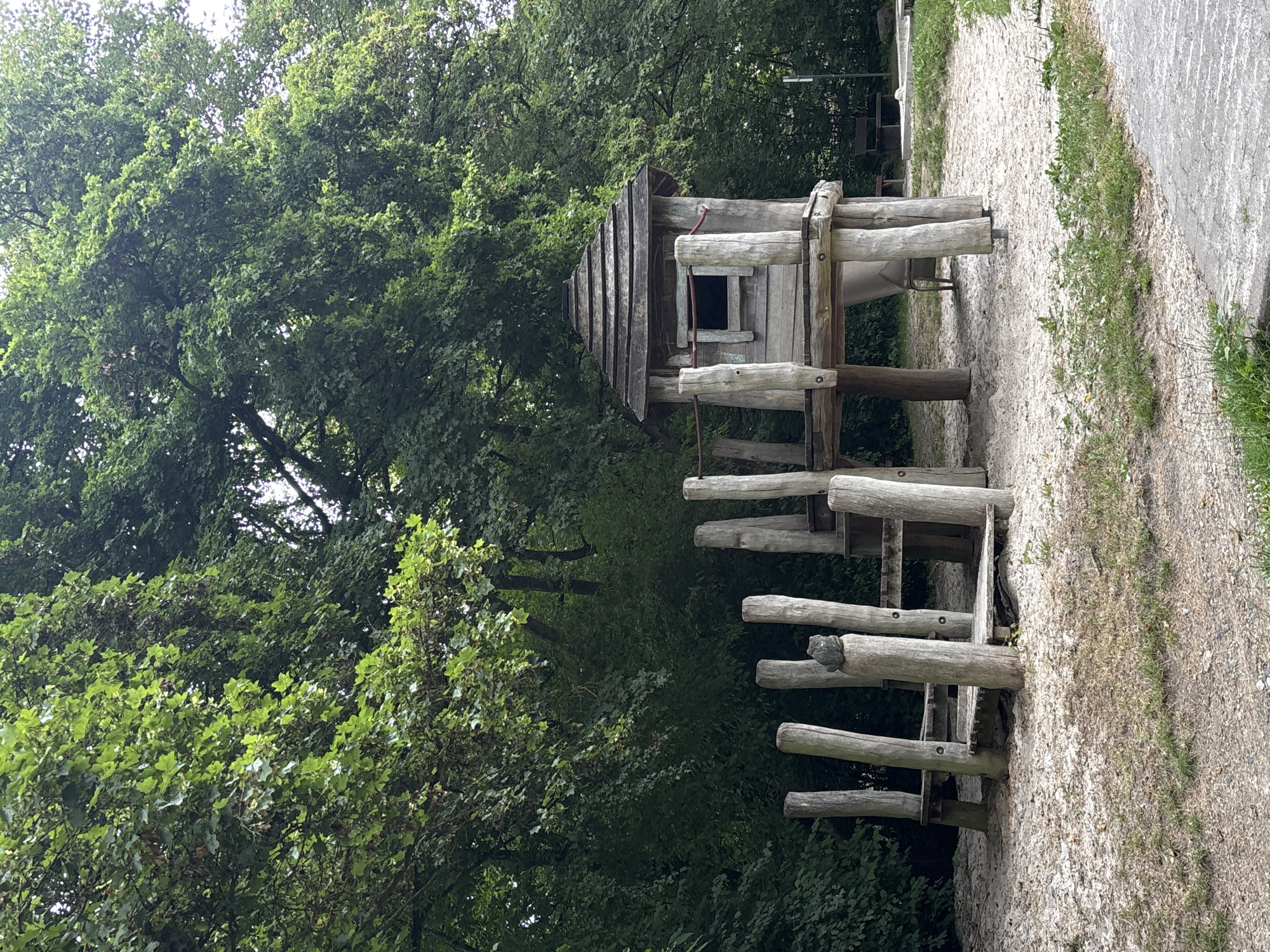 This is a medium-shot, eye-level, full-color photograph taken outdoors in a park or playground setting in Göttingen, Germany. The scene is dominated by a naturalistic wooden playground structure made of logs and planks, situated on a sandy surface with patches of dry grass and a concrete path curving into the foreground. Behind the playground, a dense wall of lush green trees forms the backdrop.
The playground structure features a small, elevated wooden house with a shingled roof and a single window. A wooden deck or platform surrounds the house, supported by thick, vertical logs. A set of wooden steps leads up to the deck. Several other vertical logs are arranged in front of the deck, forming a low barrier or seating area. On top of one of these logs, a small, dark, rounded object resembling a frog or a stone carving is visible. A red rope is strung between two of the logs supporting the deck, near the wooden house.
In the background, beyond the trees, hints of other park amenities can be seen, including a dark bench and a sandpit area with some rocks. The lighting suggests an overcast day, as there are no harsh shadows. The overall atmosphere is one of a natural, rustic playground integrated into a wooded environment.