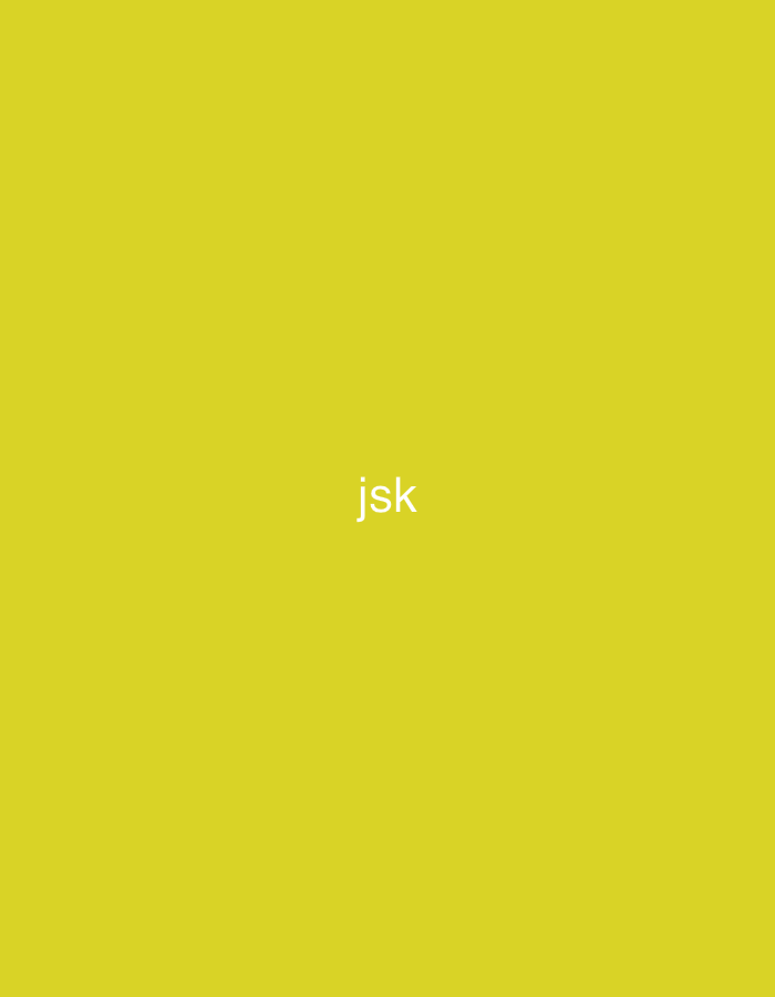 The image presents a uniform, solid chartreuse yellow background. Centered horizontally and slightly below the vertical midpoint, the white, lowercase, sans-serif letters "jsk" are displayed. There are no people, objects, actions, interactions, or discernible environmental features depicted in the image. The image content does not provide any visual information to determine a specific location within Casablanca, Morocco, or any other geographic context.