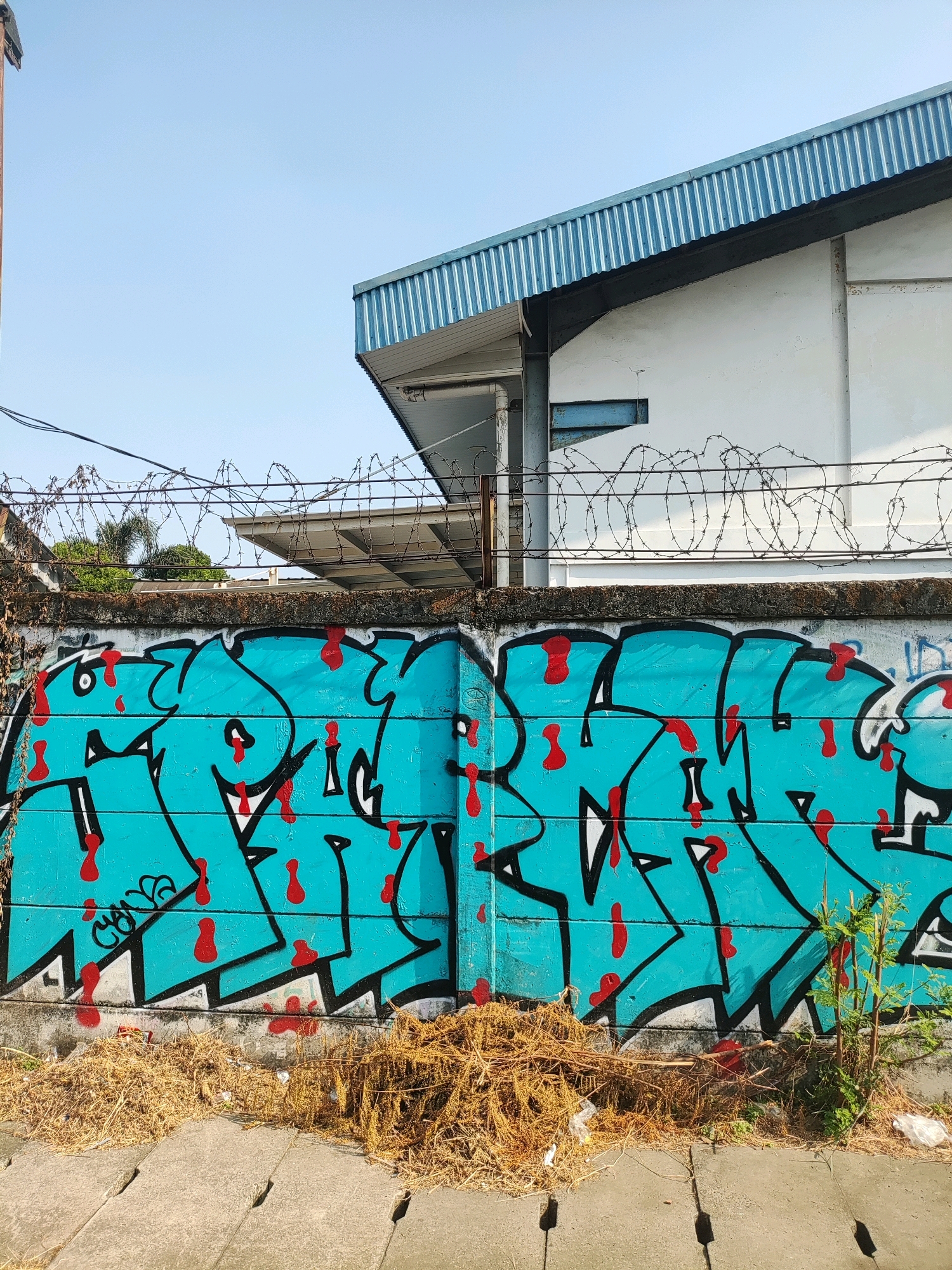 The image shows a bright blue graffiti mural on a concrete wall, with red drips and black outlines. The graffiti covers two sections of the wall. Above the wall, there is a barbed wire fence. Behind the fence and wall, there is a white building with a blue corrugated metal roof, and further in the background, there are trees and a clear blue sky. The scene appears to be in an industrial or semi-industrial area. This particular graffiti is located on Jalan Inspeksi Kalimalang in East Jakarta, Indonesia.