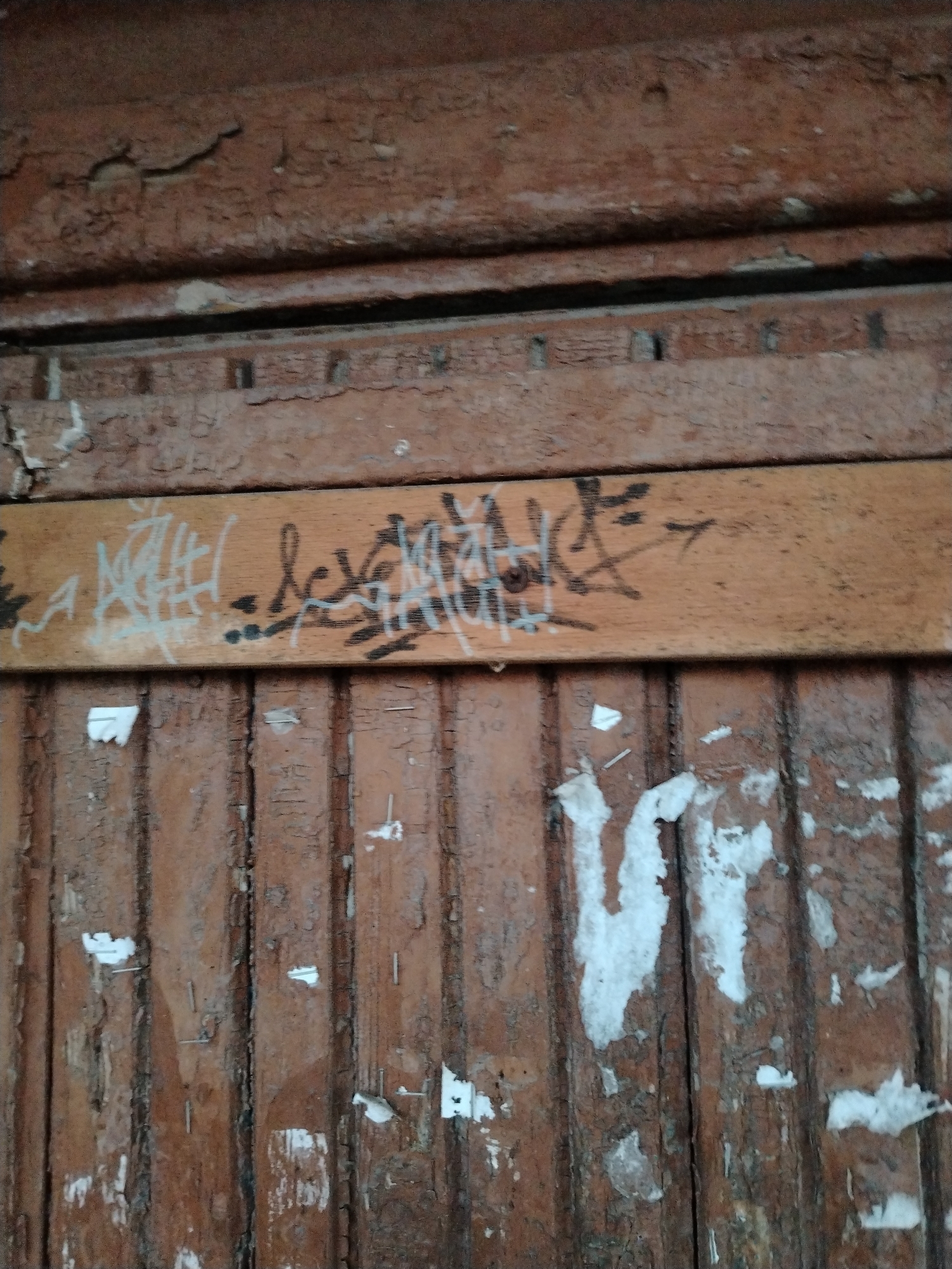 The image shows a close-up view of weathered, brown wooden planks. A horizontal strip of lighter wood is affixed to the planks, bearing graffiti in black and white spray paint. The graffiti appears to be stylized lettering or tags, common in urban environments. The underlying wooden planks show signs of age and wear, with peeling paint and visible grain. Small pieces of torn paper are affixed to some of the planks, suggesting this may be a public bulletin area. The overall impression is one of urban decay and graffiti art. The location in Vyborg, Russia, is not discernible from the image itself.