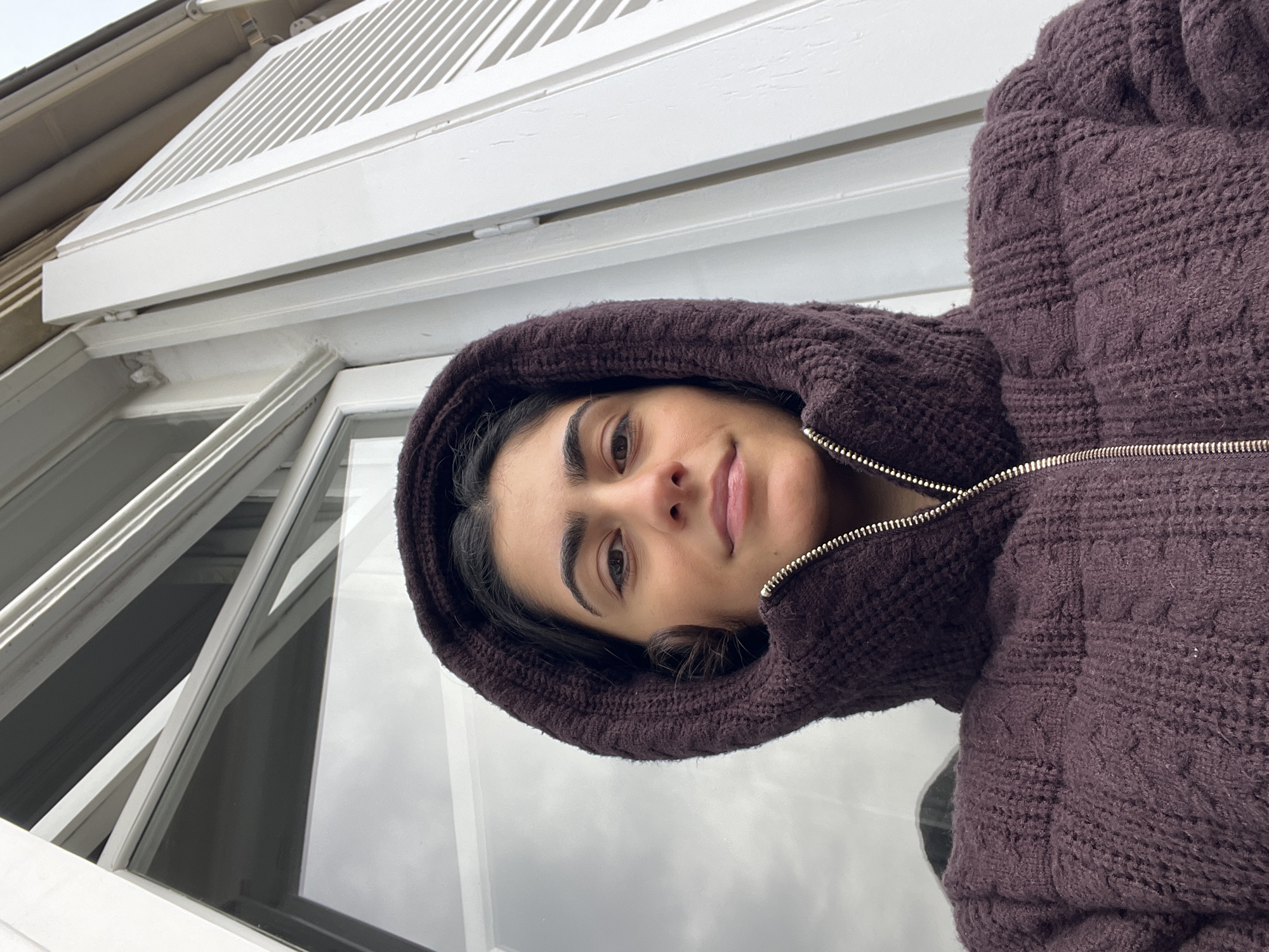 A young adult female is depicted in a low-angle, upward-facing portrait. She has dark hair and brown eyes, and wears a dark plum-colored, cable-knit hooded jacket with a silver front zipper, her hood raised. Her expression is neutral, with eyes directed towards the camera. The background reveals architectural elements consistent with residential buildings in Paris, France. To the subject's left is a white-framed window or balcony door, partially open and reflecting an overcast sky. To her right, a white louvered exterior shutter is partially open.