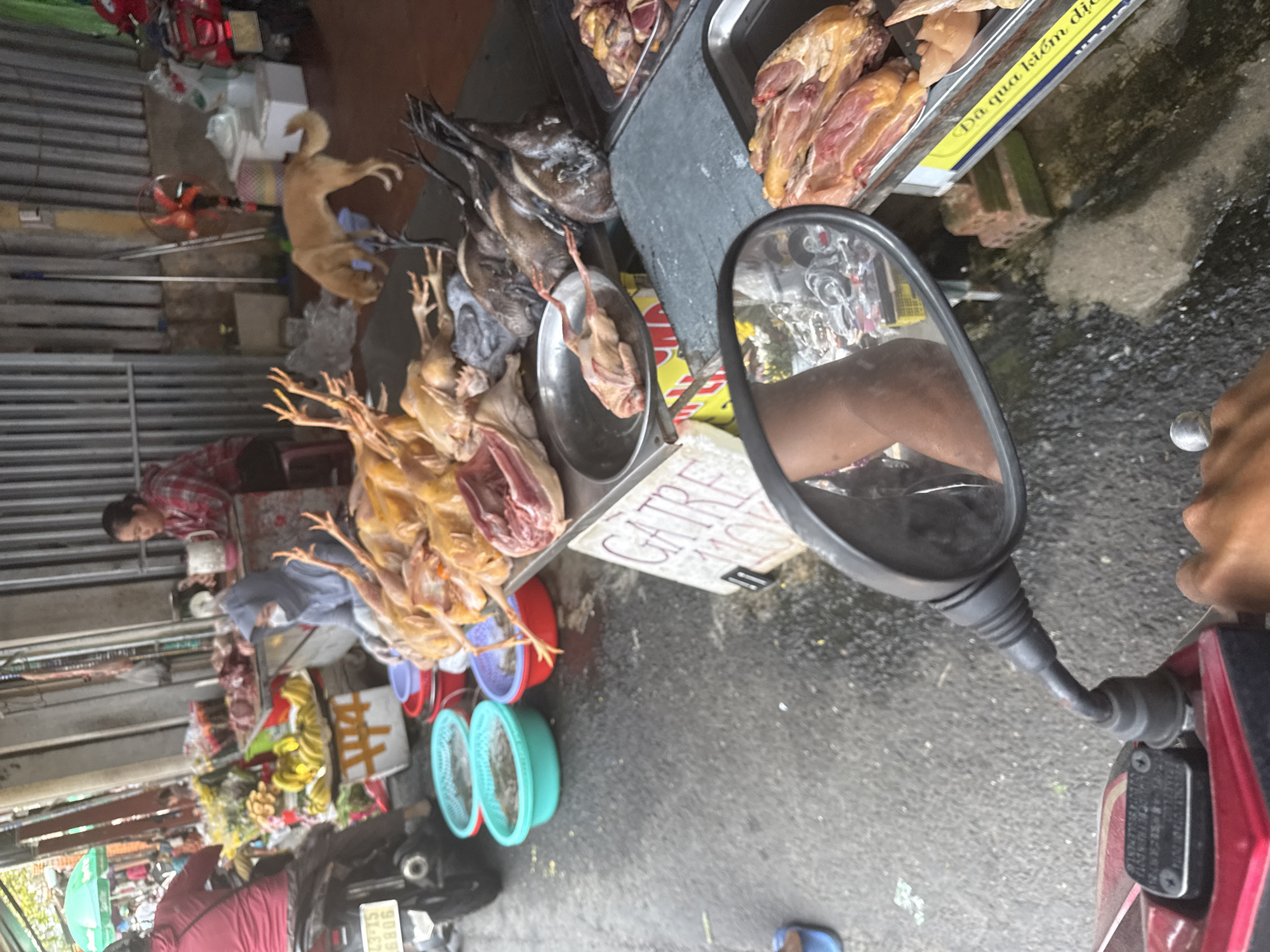 The image shows a street scene in Đà Nẵng, Vietnam, from the perspective of someone on a motorbike. The motorbike's side mirror and handlebar are visible. A woman in a red and black plaid shirt sits near a meat stall, selling raw chickens and ducks. There are other sellers nearby. A dog is to the left of the stall. The weather appears to be overcast.