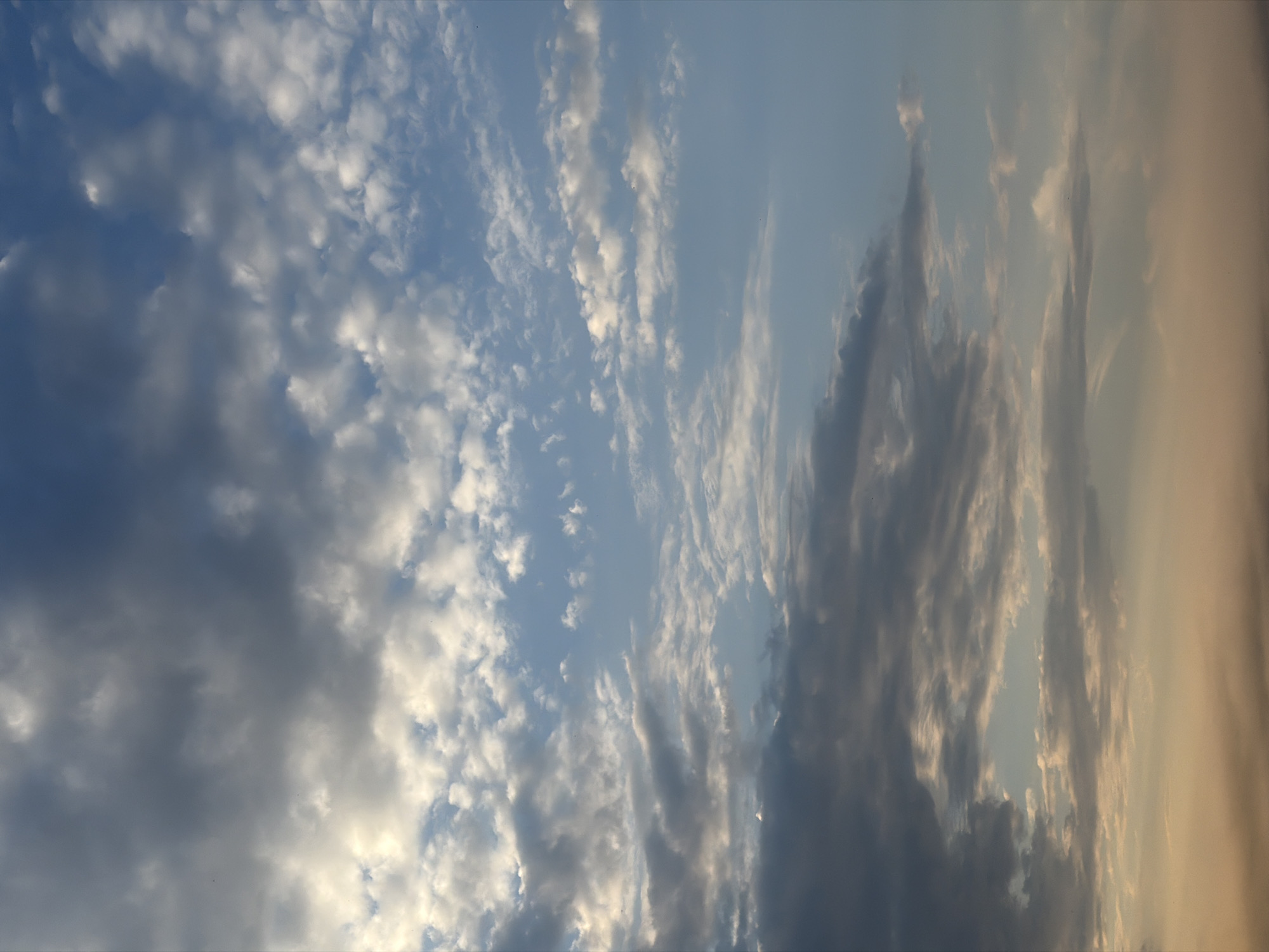 This is a vertical, full shot of a cloudy sky at dusk. The clouds are varied in shape and density, with some appearing wispy and others more solid. The colors range from deep blues and grays in the upper part of the image to lighter whites and soft oranges and yellows near the bottom, suggesting the setting sun. The lighting is soft and diffused. There are no discernible structures, people, or objects within the frame, indicating an outdoor, open environment focused solely on the atmospheric conditions.