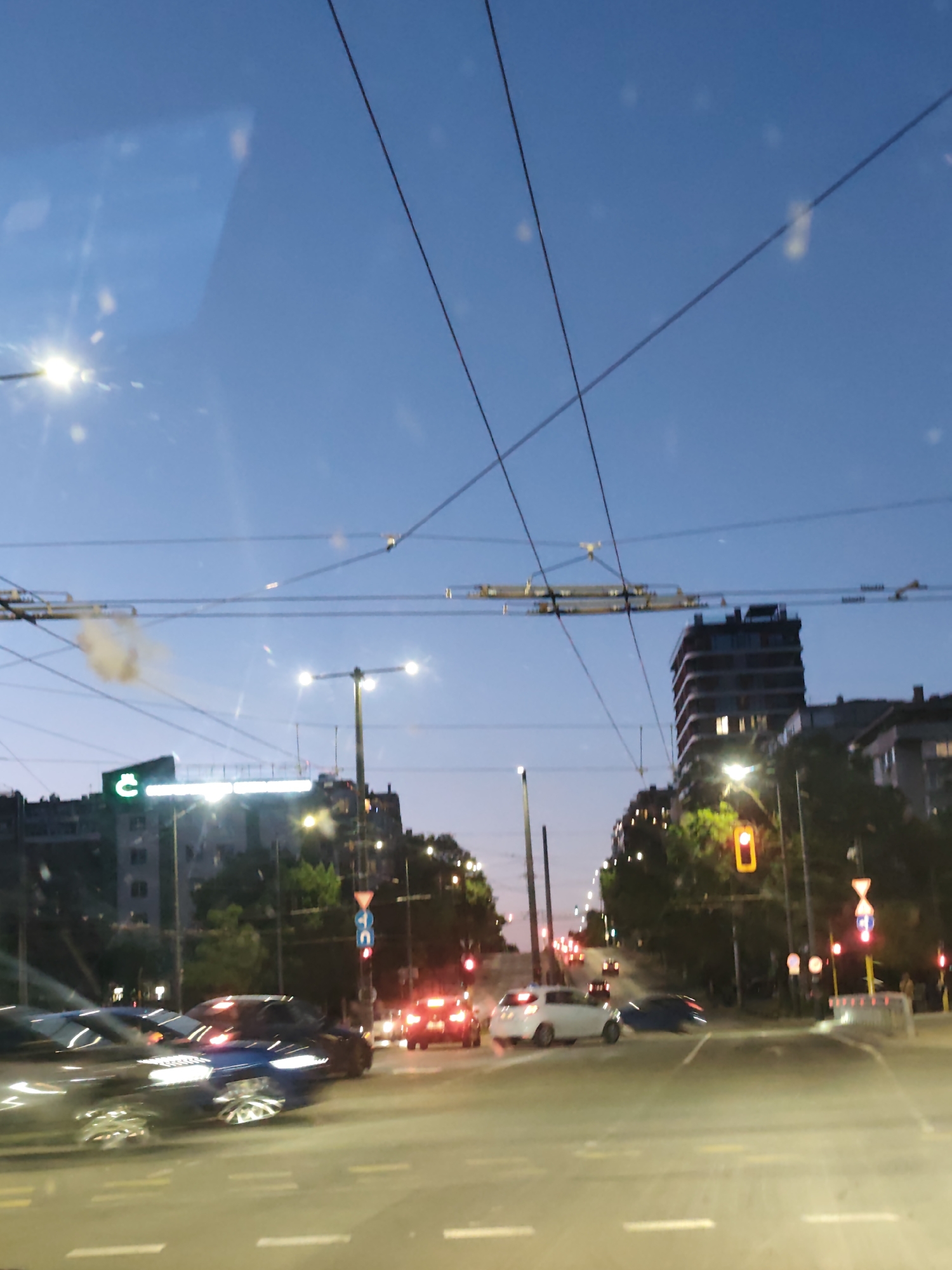 The image shows a street scene in Sofia, Bulgaria, at dusk. The sky is a mix of blue and grey, and the image appears to have been taken from inside a vehicle, possibly a car or bus. Streetlights are illuminated. There are several overhead power lines running across the sky. Multiple cars are visible on the road, with some appearing blurred due to motion. A building with a green illuminated sign is on the left. Traffic lights are visible, with at least one showing red. Road signs are present. There are buildings on both sides of the street, with visible trees and foliage.