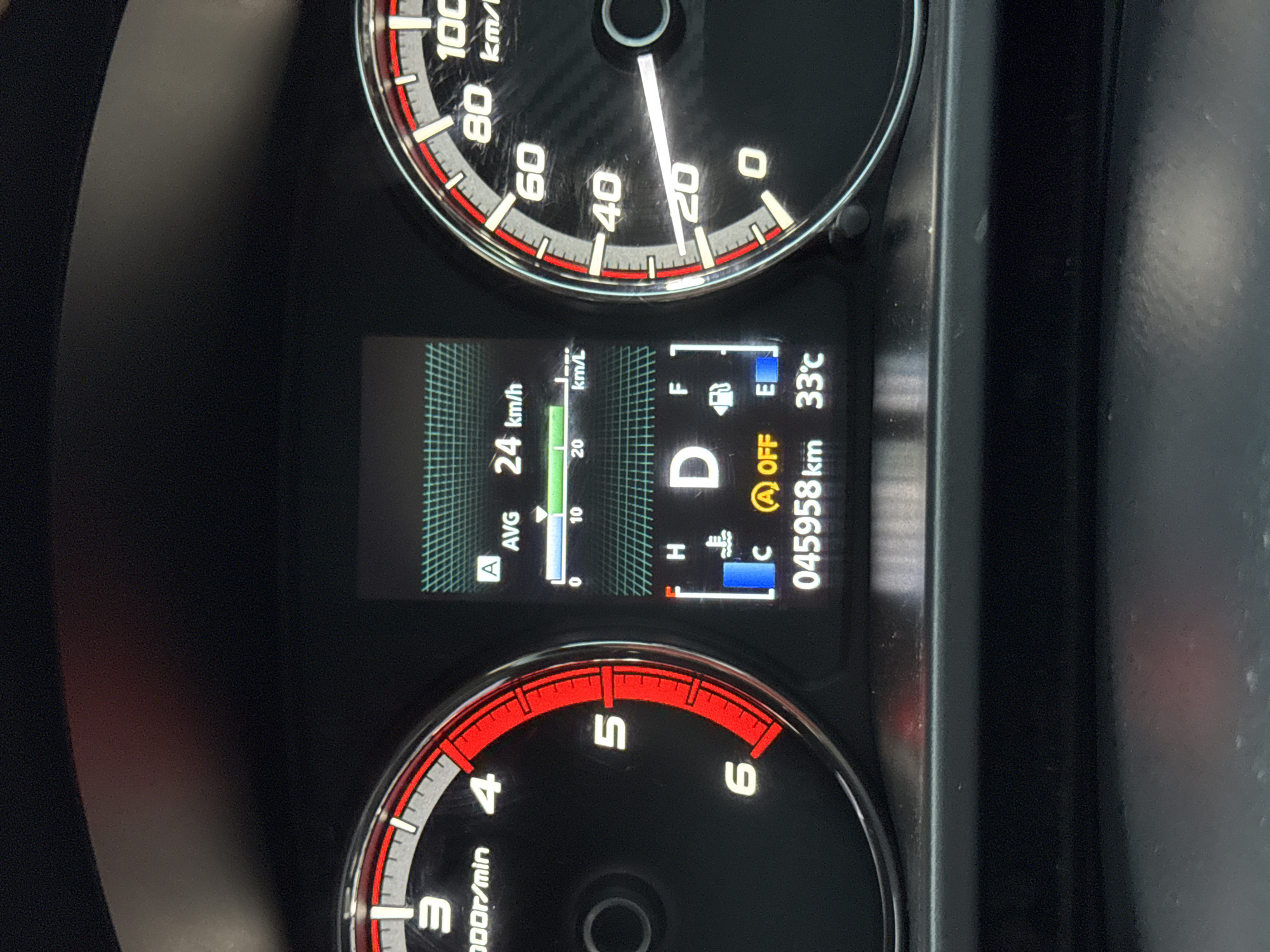 The image shows a close-up of a car's dashboard, displaying various gauges and a digital information screen. On the left, a tachometer indicates engine RPM, with the needle pointing between 5 and 6. To the right of the tachometer is a digital screen showing the average speed as 24 km/h, with a fuel consumption gauge below it. Further to the right, a speedometer shows a speed of approximately 10 km/h, with markings up to 100 km/h. The digital screen also displays the transmission gear as "D", indicating drive, and shows the fuel level is low, with the "E" (empty) marker highlighted. Additionally, it shows the odometer reading as 045958 km and the ambient temperature as 33°C. The dashboard is illuminated, suggesting it is either daytime or the car's interior lights are on. The environment outside the car is not visible. The location in ตำบลเกาะพะงัน, Thailand, is not inferable from the provided image of the car's dashboard.