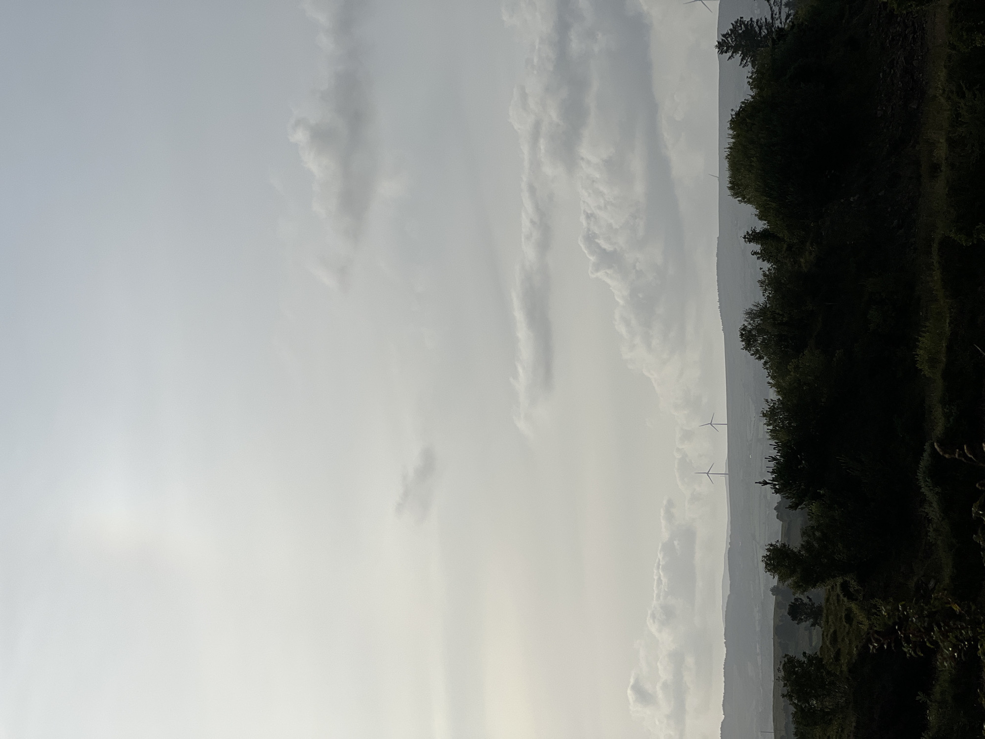 An outdoor, low-angle, full shot captures a landscape in the city of Drimkeelan, Ireland. The sky, taking up the upper two-thirds of the frame, is filled with varying shades of grey clouds, with a bright spot in the upper left quadrant indicating the sun. Two wind turbines stand silhouetted on a distant, hazy hill in the middle ground. The foreground and middle ground are filled with dark green vegetation, including trees and shrubs, with the lower portion of the image appearing almost completely black due to underexposure. The overall mood is overcast and serene.