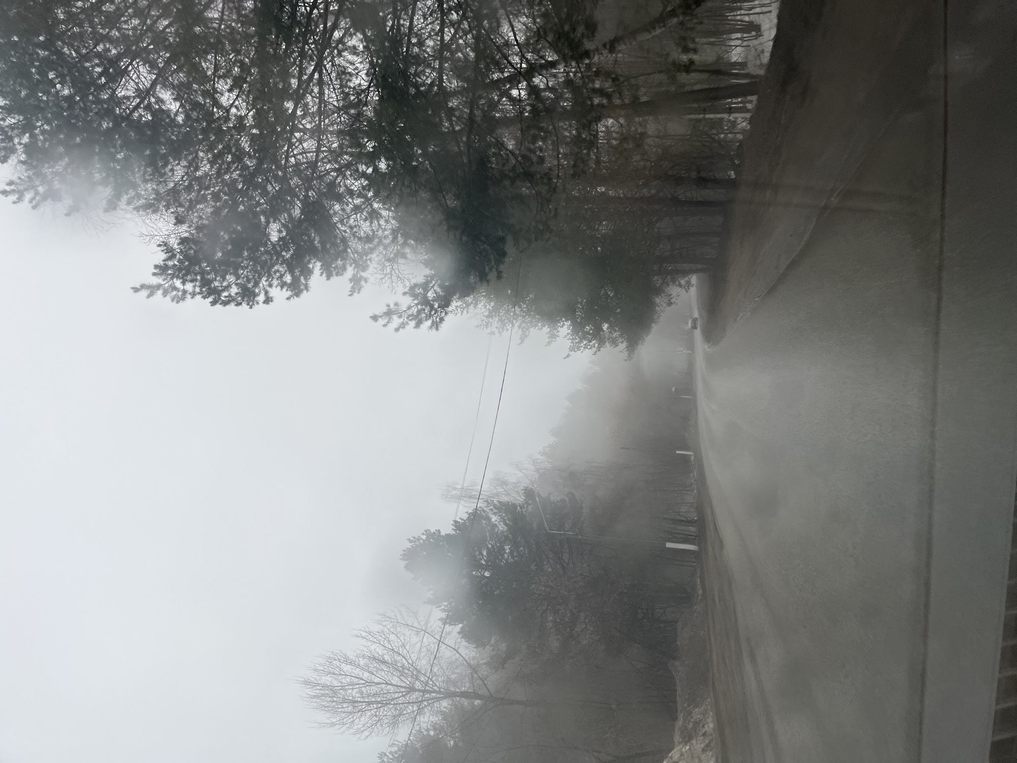 The image depicts a road shrouded in heavy fog, likely in a rural or semi-rural area. Trees line both sides of the road, their branches bare or sparsely covered with foliage. Power lines are visible overhead, stretching across the road. The pavement appears wet, and visibility is significantly reduced due to the fog. Based on the request, the location is presumed to be in or around the city of Chaikovsky, Russia. No people are visible. A vehicle appears distantly further along the road. The environment is overcast and bleak.