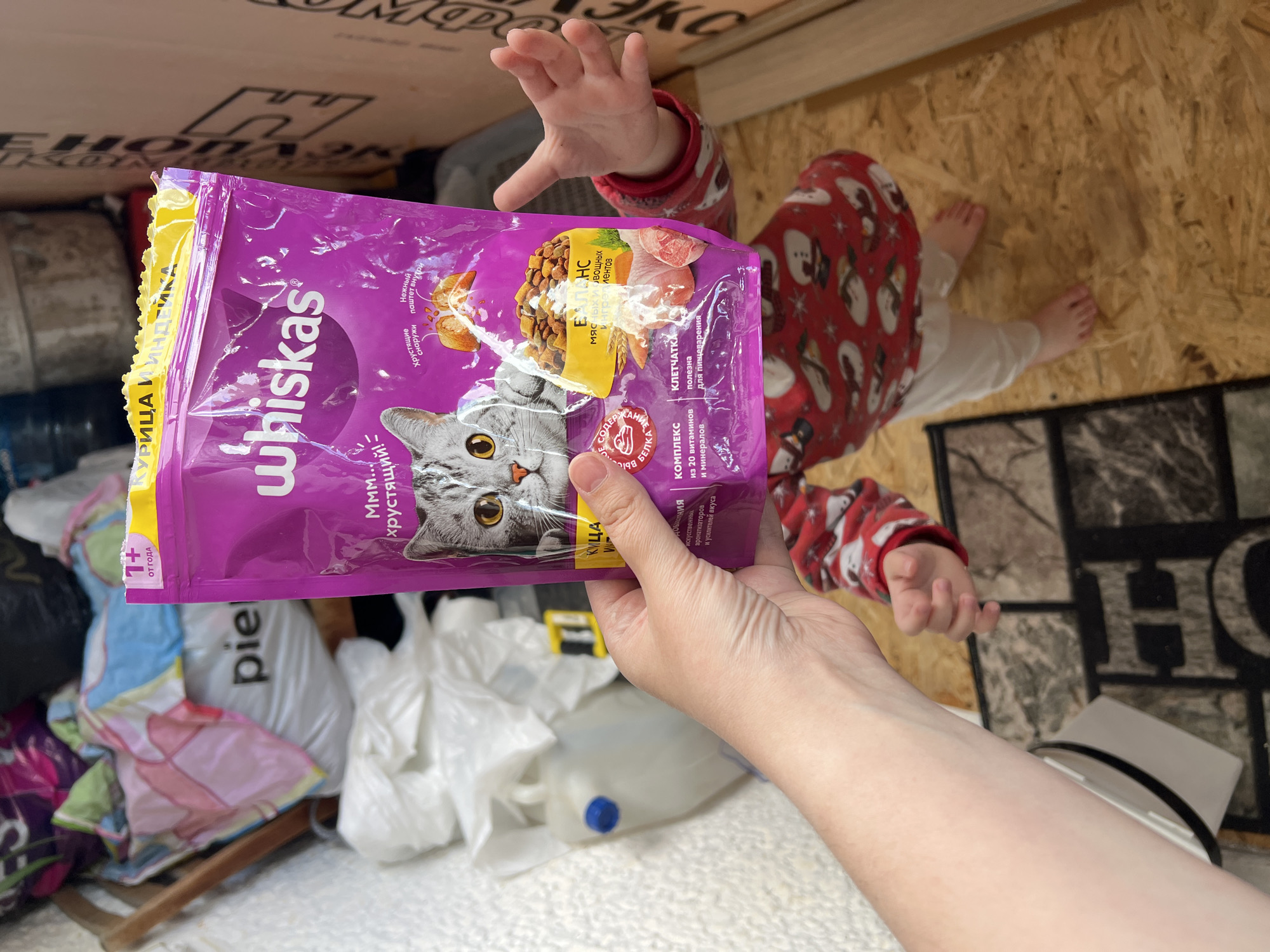 The image shows a person holding a package of Whiskas cat food. The package is purple and yellow, and features a picture of a gray cat. The person's hand is fair-skinned and wrinkly. In the background, there is a child wearing a red and white snowman patterned pajamas. The child's hand is reaching towards the cat food. There are several bags and a water container in the background. The environment appears to be inside a shelter with plywood walls and floor. The OCR indicates the text is in Russian, further suggesting that the image originates from Russia. The image's location in the city of Noviy, Russia, is not confirmed.