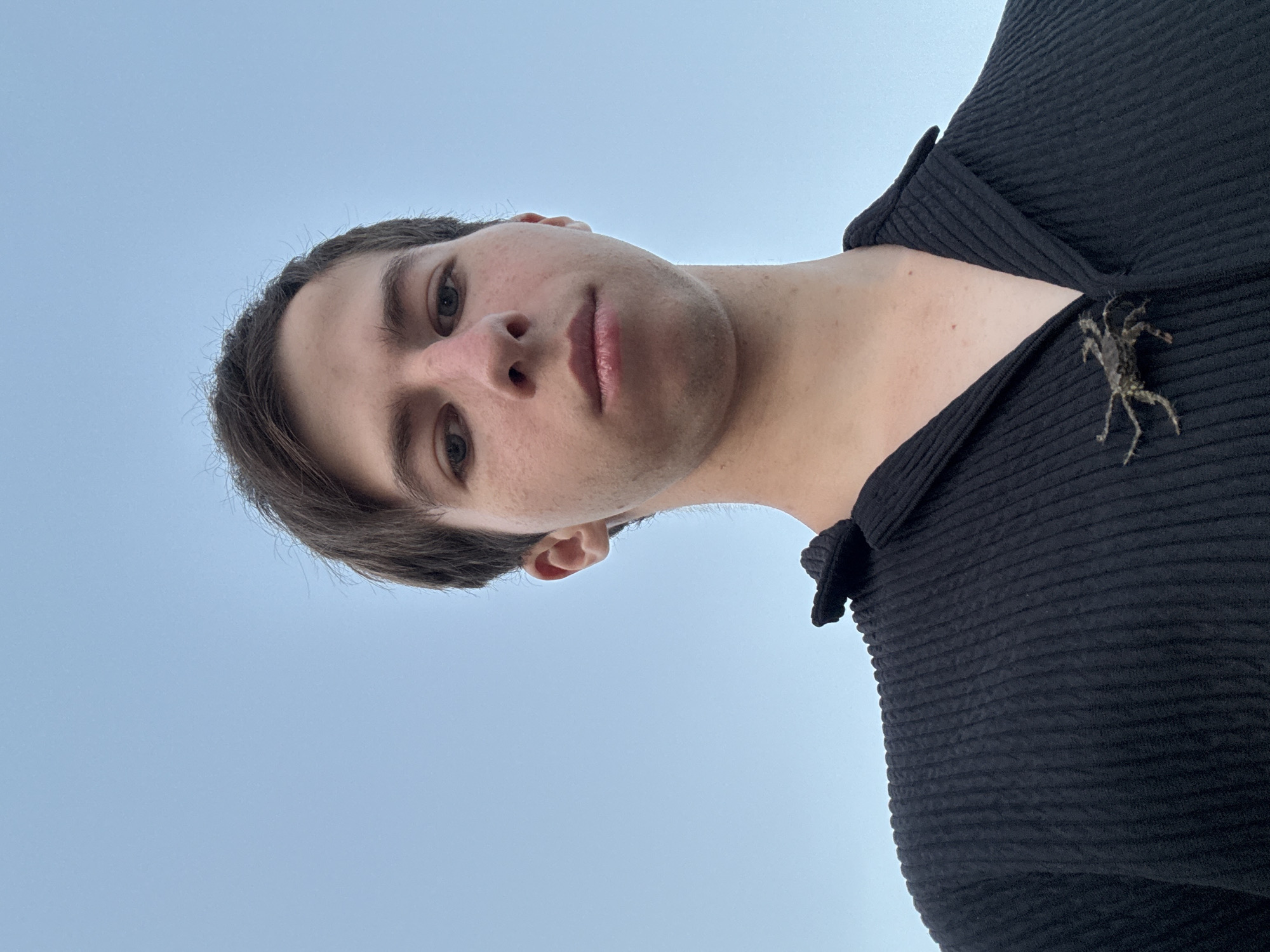 A low-angle, head-and-shoulders selfie is captured against a clear blue sky. The subject, a young person with light skin, dark hair, and blue eyes, is looking directly at the camera. They are wearing a black, textured, collared shirt. A small, dried crab is affixed to the left side of the shirt, near the collarbone. The image appears to have been taken outdoors. There is no indication of the city of Mijas, Spain.