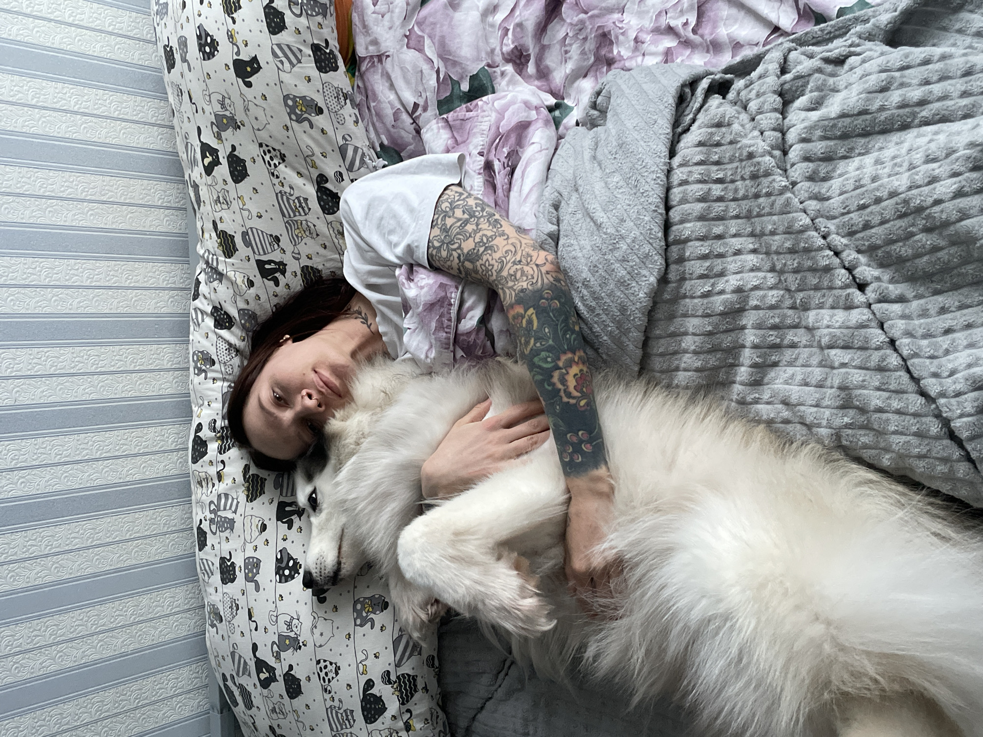 A woman with dark hair and tattoos on her arm lies in bed cuddling a large, white dog. The bed is covered in various patterned bedding, including one with cat designs and another with floral patterns. A gray blanket is partially covering the woman and dog. The background includes a wall with a textured, striped design. There is no clear indication that this image was taken in the city of Izhevsk, Russia.