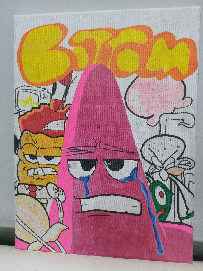 A cartoon-style painting on a white canvas features characters from the Spongebob Squarepants series. Dominating the center is a large, fully colored Patrick Star, depicted in various shades of pink, with a deeply distressed expression and prominent blue tears streaming from both eyes. To Patrick's left, a fully colored Spongebob Squarepants is shown with an angry or intense facial expression, wearing a white shirt and red tie. Partially visible below Spongebob is Gary the Snail. Behind Spongebob, a red, flame-like element and a white monitor displaying a yellow heartbeat line are sketched. To Patrick's right, several characters are rendered as uncolored outlines: a confused or concerned Squidward Tentacles, a small Plankton, and a spotted pink jellyfish. At the top of the canvas, yellow-orange bubble letters spell out "BTOM," partially obscured by Patrick's head. The painting, an artistic rendition of emotional distress and observation, is situated in Chaikovsky, Russia.
