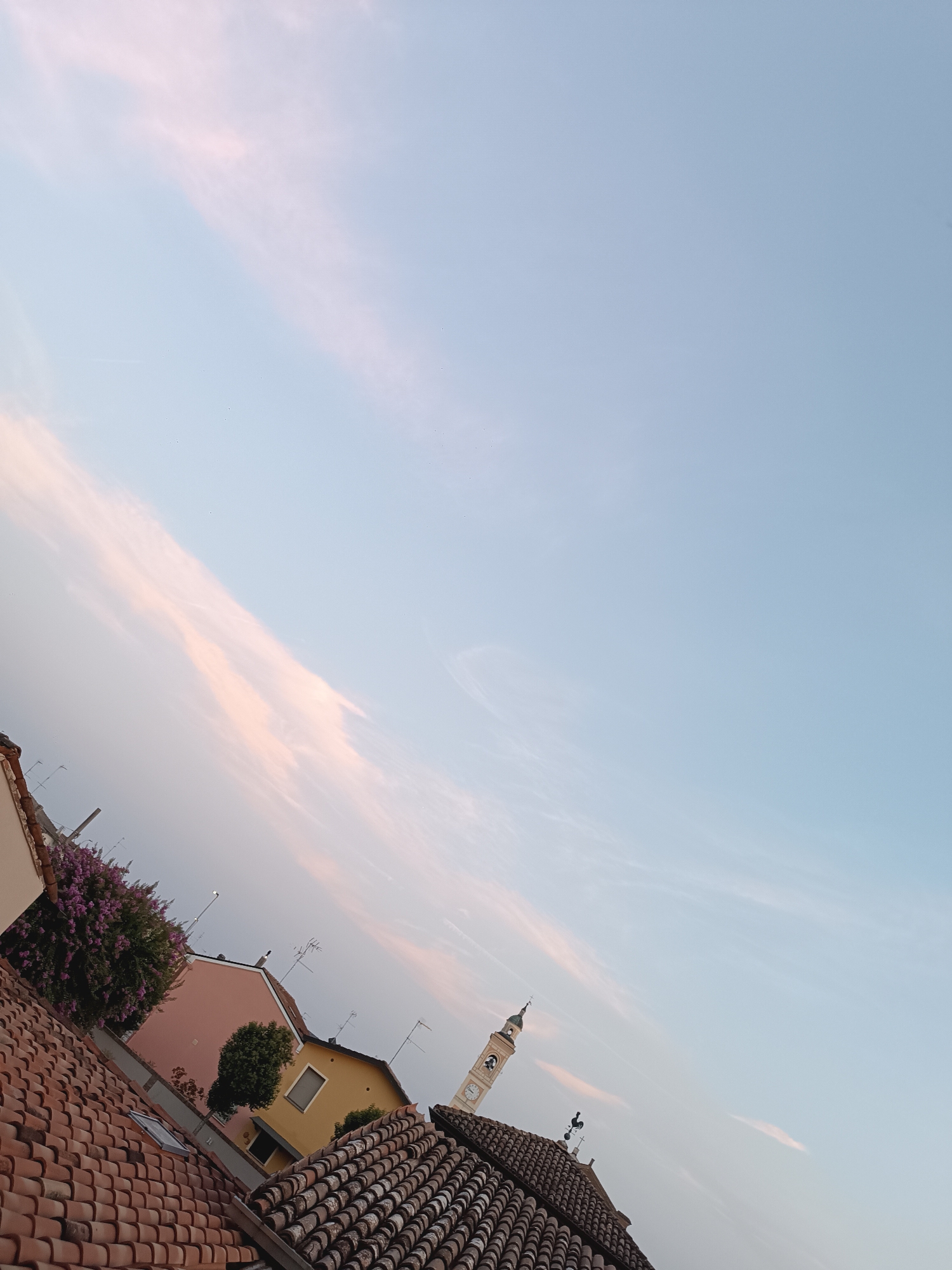 The image depicts a tilted view of a European town or village in Viadana, Italy, likely at dusk. The sky is a pale blue with delicate streaks of pink and white clouds. In the foreground, terracotta roof tiles are visible. Further back, several buildings are present: a pink house with a prominent bush of purple flowers, a yellow house, and a church tower with a clock. The scene appears quiet and residential.