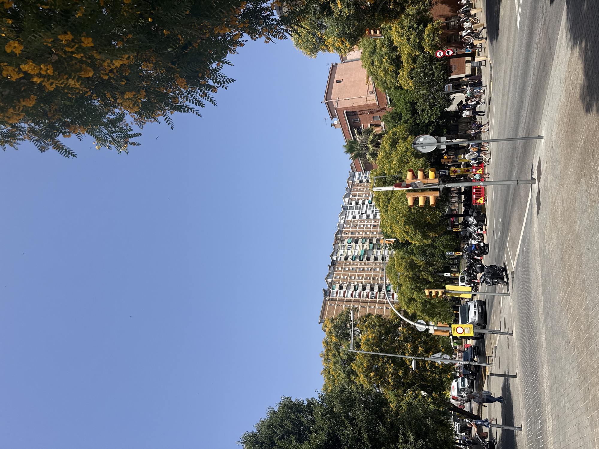 This is a street-level, daytime photograph taken from a pedestrian crossing in Barcelona, Spain. The scene depicts a busy intersection with multiple lanes of traffic, sidewalks, and buildings lining the street.
In the foreground, the pedestrian crossing is paved with light-colored interlocking stones, bordered by darker gray stones. Two gray metal poles, likely street sign or traffic signal supports, stand on the sidewalk. A traffic light with red, yellow, and green signals is visible, positioned for vehicles. Another traffic signal with two red lights is also present. A circular sign with a red border and a horizontal red bar is displayed on a pole.
The street is busy with vehicles. A silver van is stopped at the intersection, with several motorcycles and scooters behind it. Other cars and a white truck are visible in the background. A yellow barrier with orange markings is set up on the side of the road, possibly for construction or a temporary event.
Several people are crossing the street or walking on the sidewalk. Some are carrying bags, suggesting they may have been shopping. Two women are walking on the sidewalk, one pushing a stroller. A group of people are crossing the street together.
Lush green trees with yellow flowers are abundant throughout the scene, providing shade and color. Some of these trees are large and mature, while others are smaller. Behind the trees, a tall, multi-story apartment building with many balconies and windows dominates the skyline. Another, smaller reddish-brown building with a few windows is visible to the right of the apartment building, with a palm tree in front of it. The sky is clear and blue.
The overall impression is a vibrant urban environment on a sunny day, characteristic of Barcelona's lively street life.