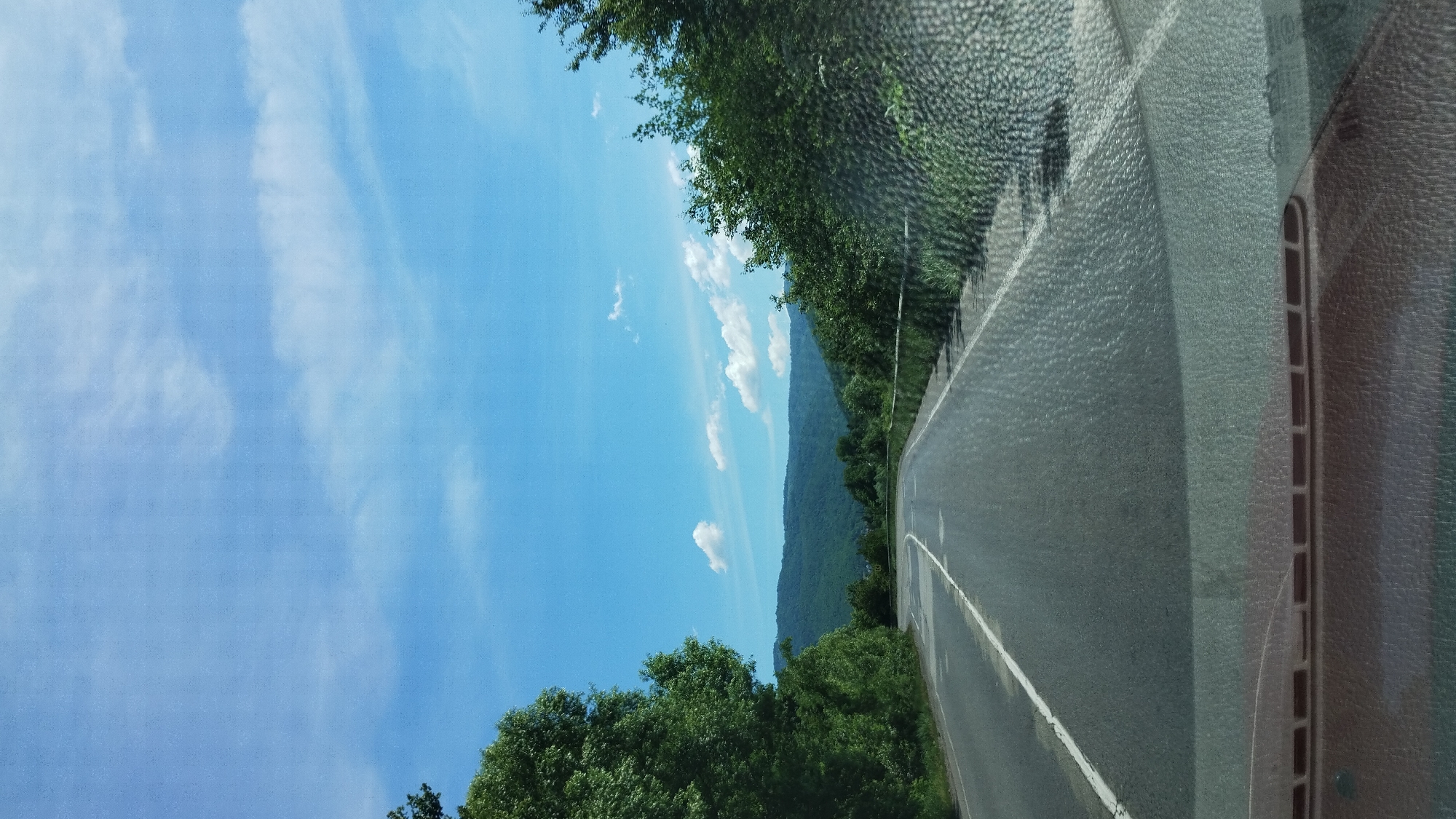 The image captures a view from a vehicle driving on a paved road in a rural, mountainous area. The road is asphalt with white lane markings. Lush green trees line both sides of the road, with a range of densely forested mountains visible in the background under a bright blue sky with scattered white clouds. The foreground shows the dashboard of the vehicle, suggesting the photo was taken from the driver's or passenger's seat. The scene is characteristic of the natural landscape surrounding the village of Nelipyno, Ukraine, known for its scenic beauty and rolling hills. There are no people or animals visible in the image.